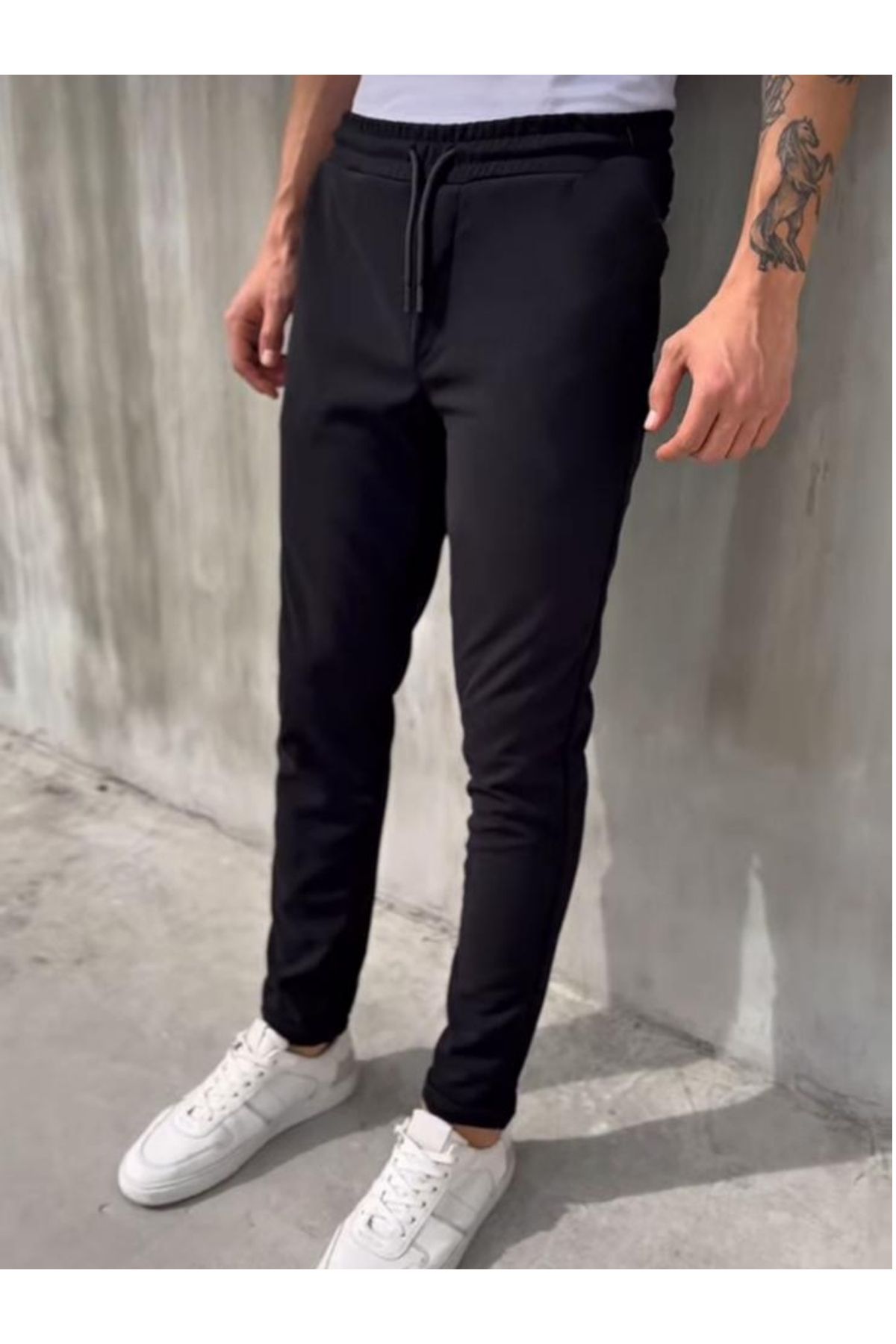 DEEPSENCE Erkek Siyah Jogger Beli Lastikli Bağcıklı Duble Paça Likralı Rahat Kalıp Pantolon
