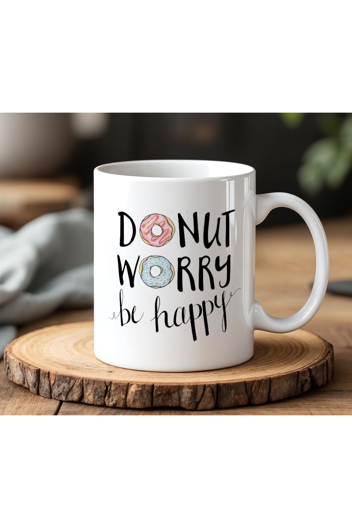 BB TRADE Donut Worry Be HappyTasarımlı Beyaz Seramik Baskılı Kupa Bardak 330ml