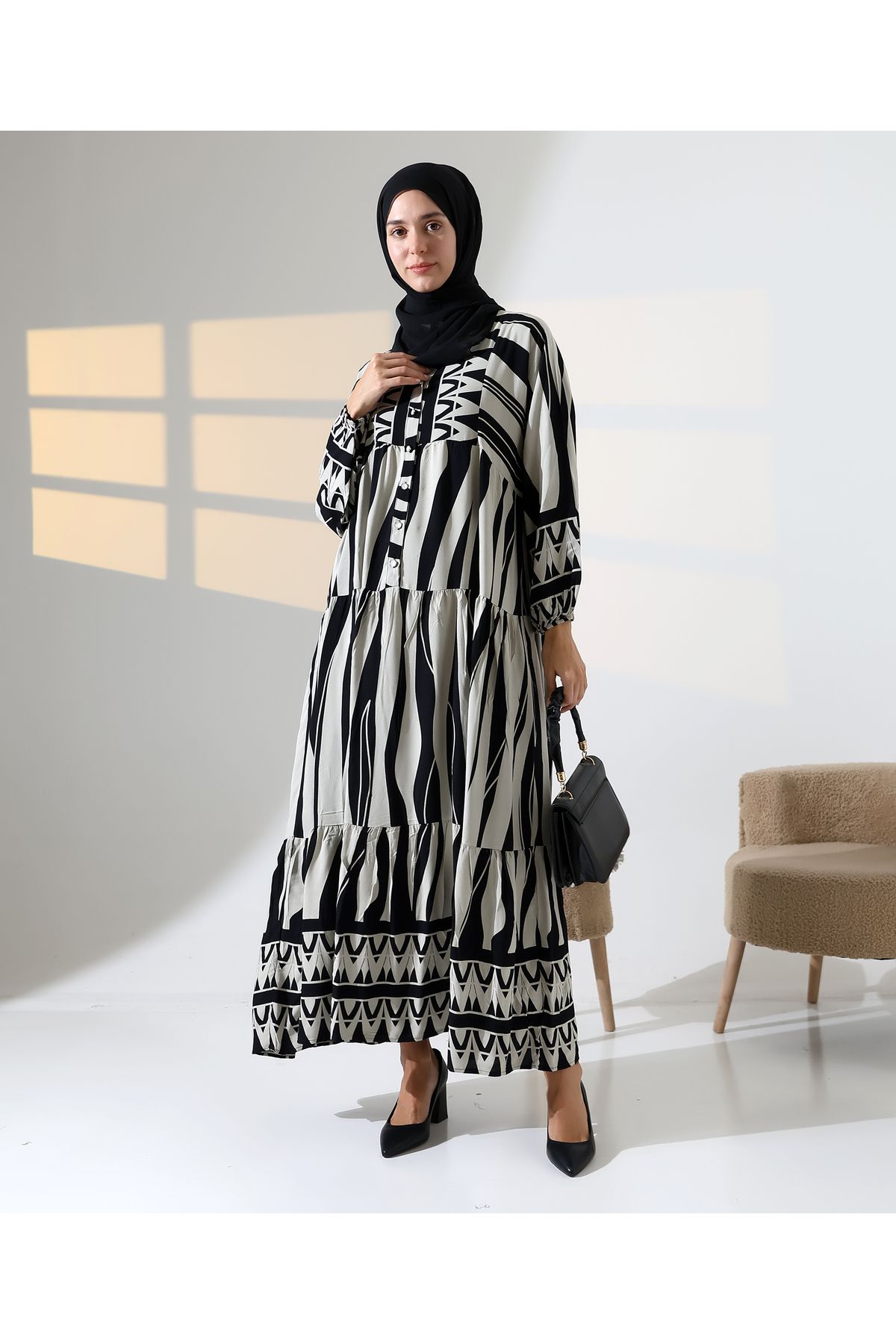 Mihran Butik Kadın 100% Pamuk Viskon Desenli Siyah Tesettür Elbise