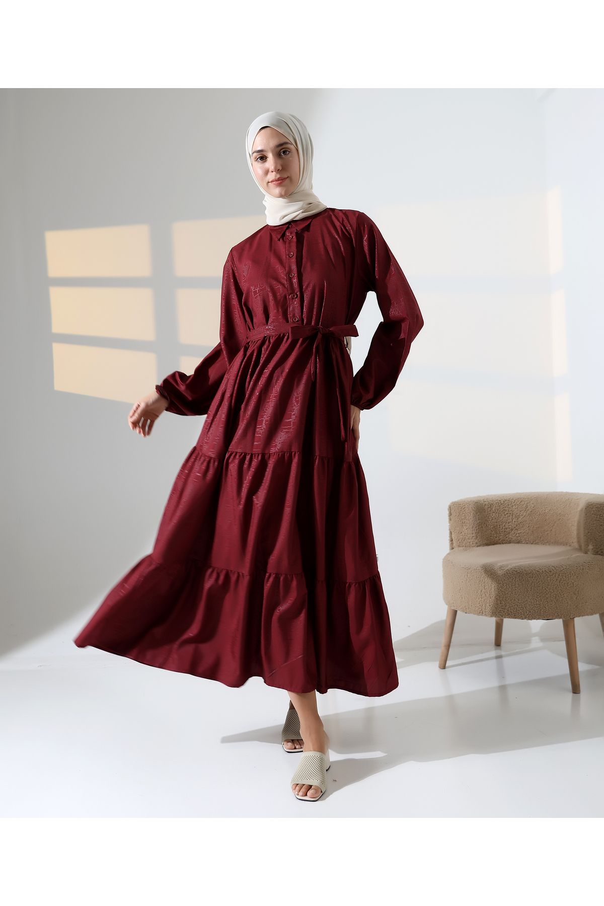 Mihran Butik Kadın 100% Pamuk Viskon Desenli Bordo Tesettür Elbise