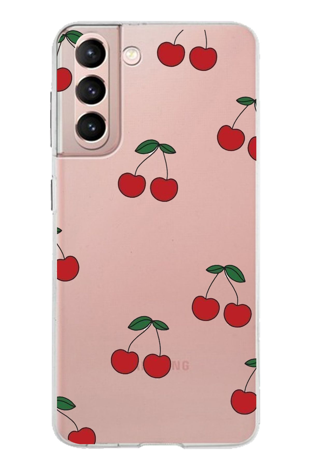 TechTree Samsung Galaxy S21 Uyumlu Kirazlar Tasarımlı Şeffaf Silikon Kılıf