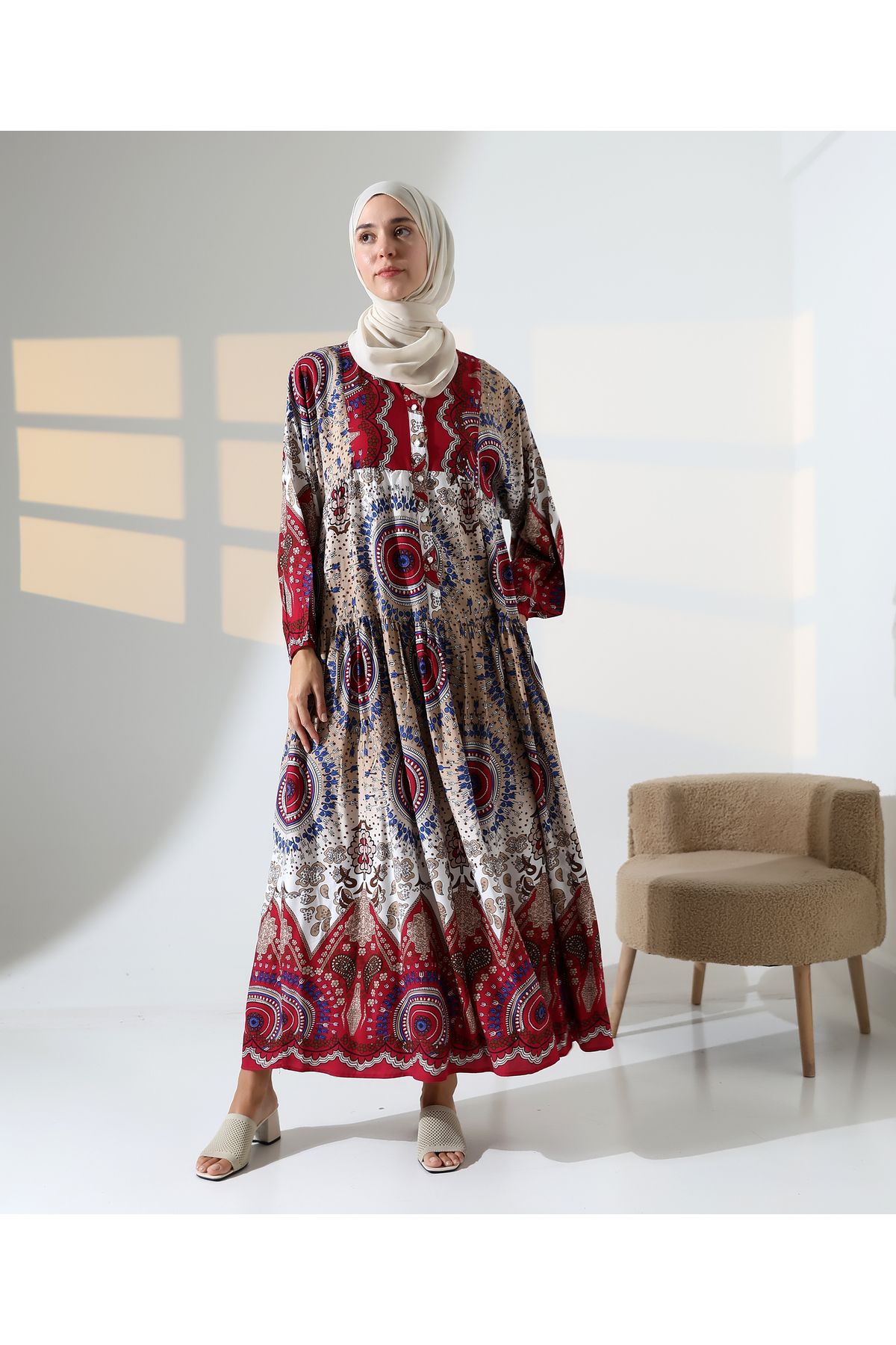 Mihran Butik Kadın 100% Pamuk Viskon Desenli Kırmızı Tesettür Elbise