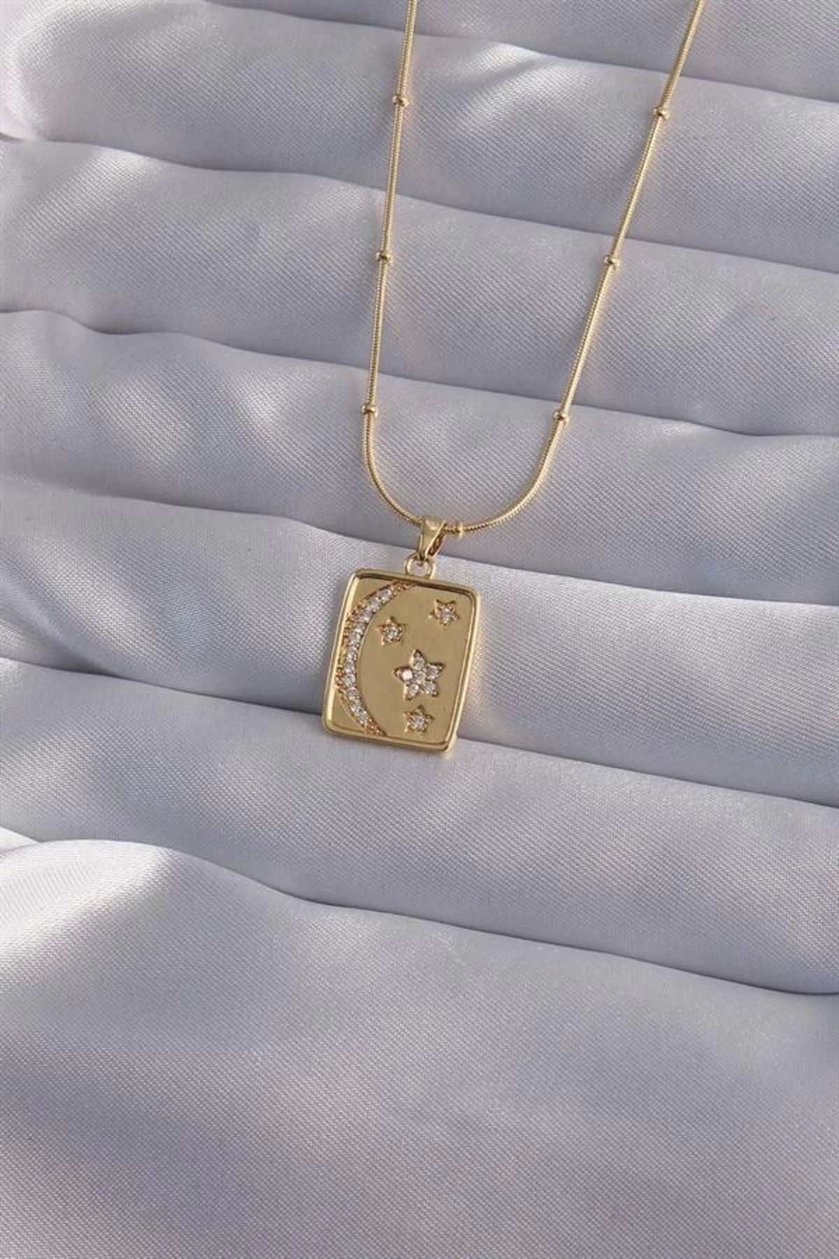 Lale Moda 316L Çelik Zincir Gold Renk Zirkon Taşlı Ay Yıldız Figürlü Tarot Kolye