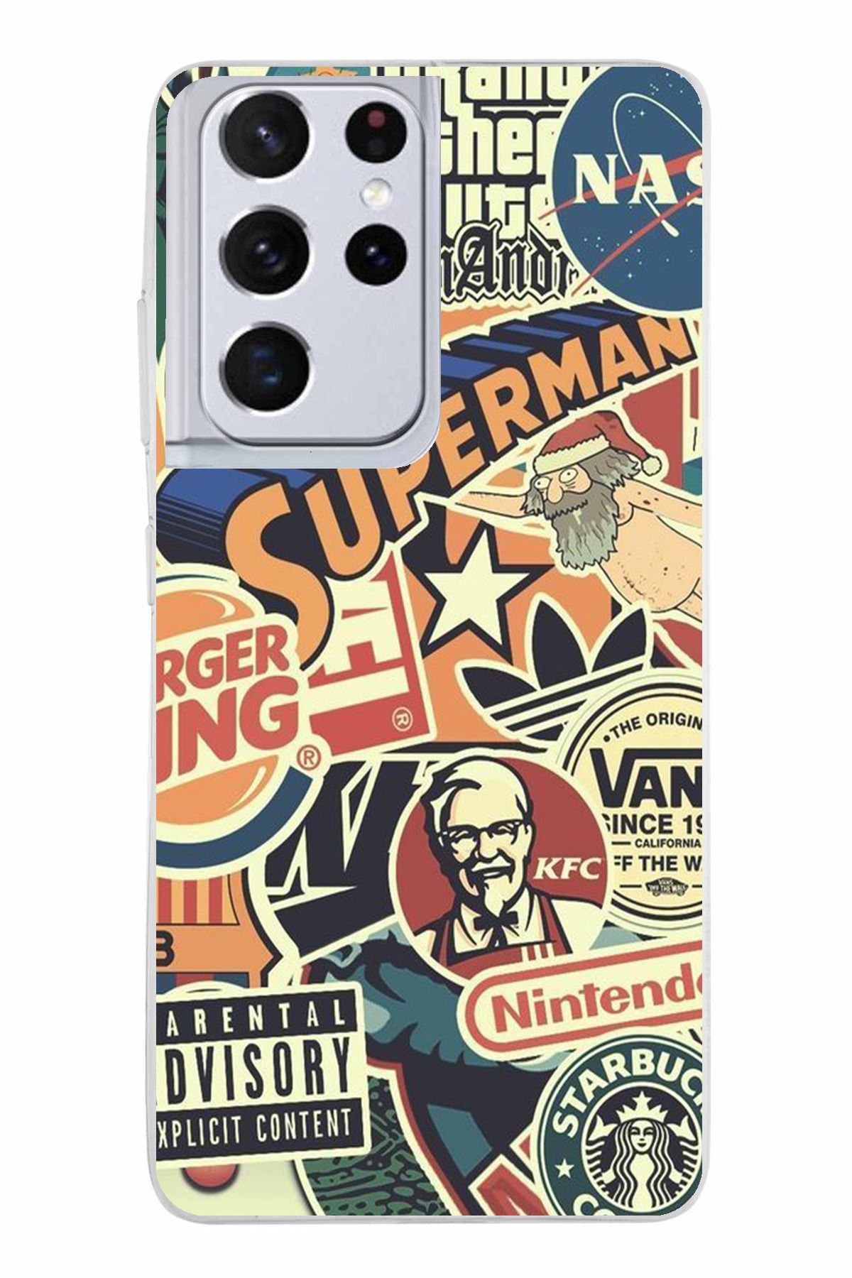 TechTree Samsung Galaxy S21 ULTRA Uyumlu Retro Nostaljik Markalar Tasarımlı Şeffaf Silikon Kılıf