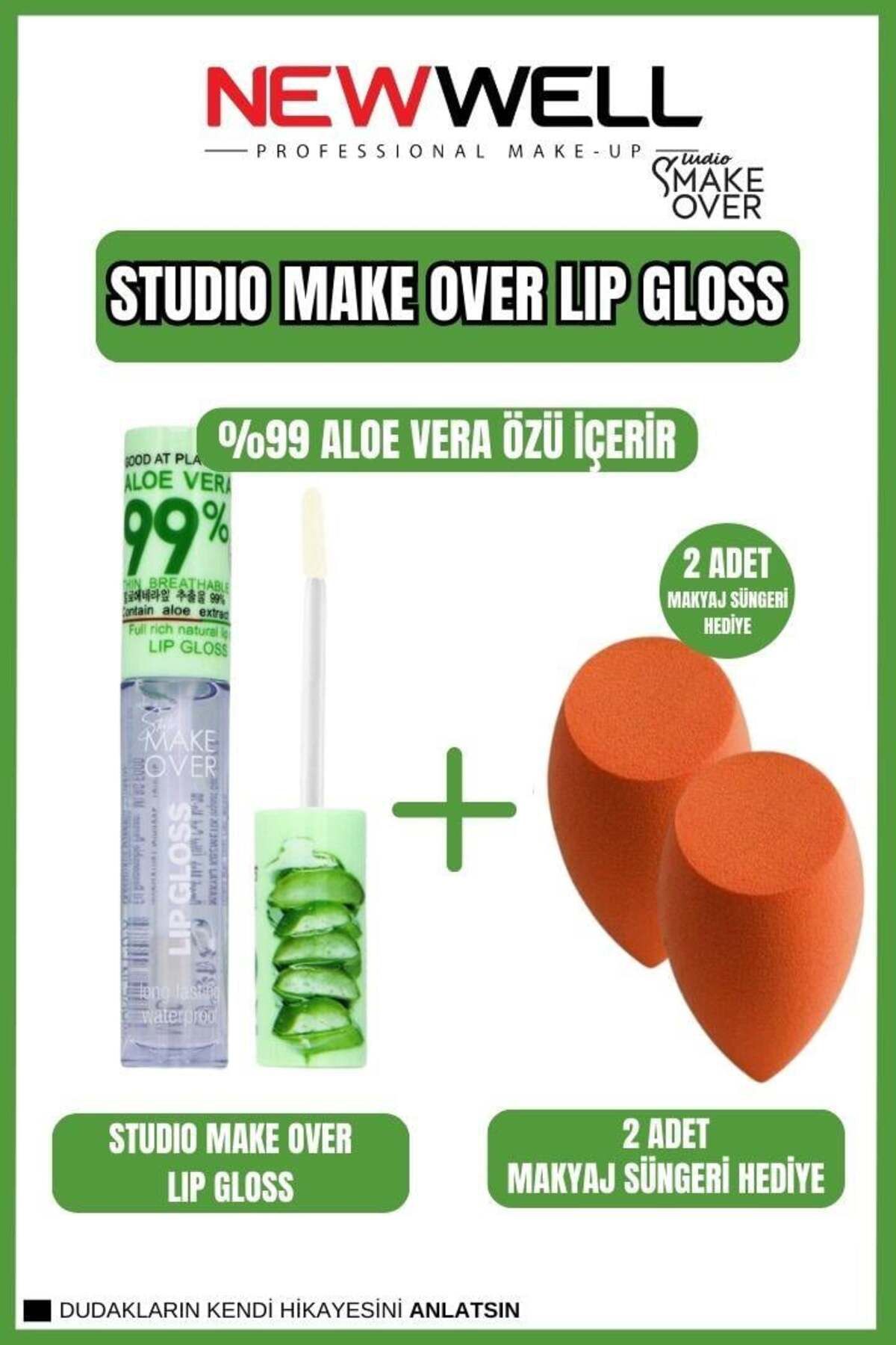 New Well Newwell Make Over Aloe Vera Lip Gloss + 2 Adet Makyaj Süngeri Hediye