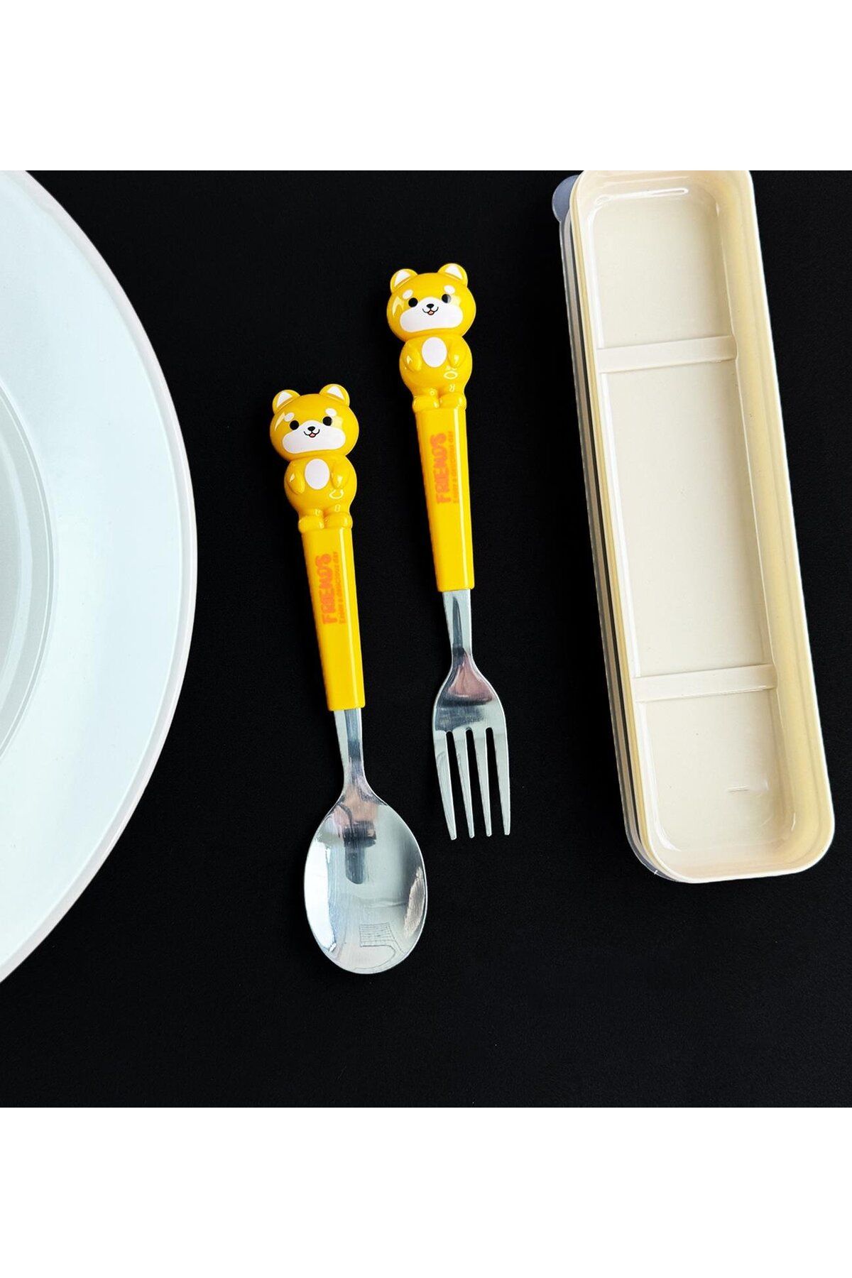 Çılgıntrend-Cute Animal Yellow Teddy Bear Fork Spoon Set for Kids 3