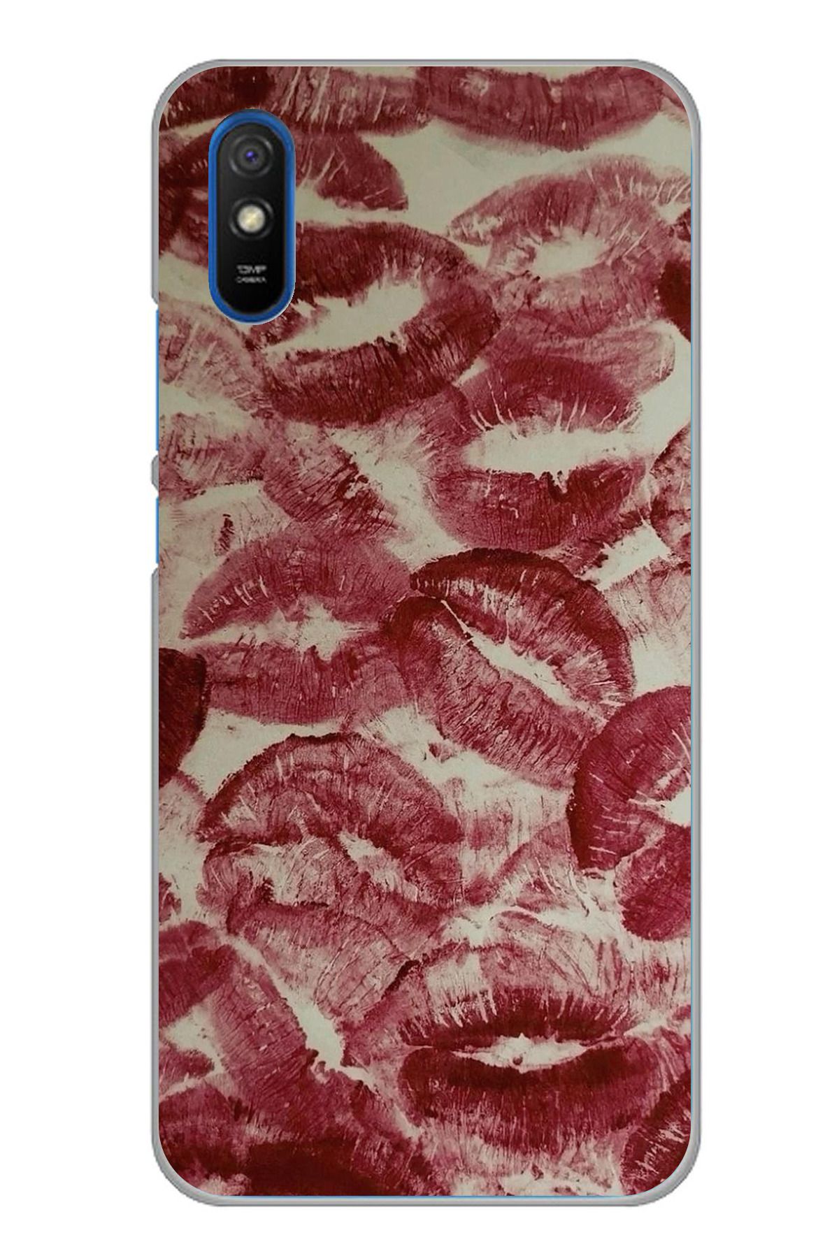 TechTree Redmi 9A Uyumlu Kırmızı Rujlu Öpücük Tasarımlı Şeffaf Silikon Kılıf