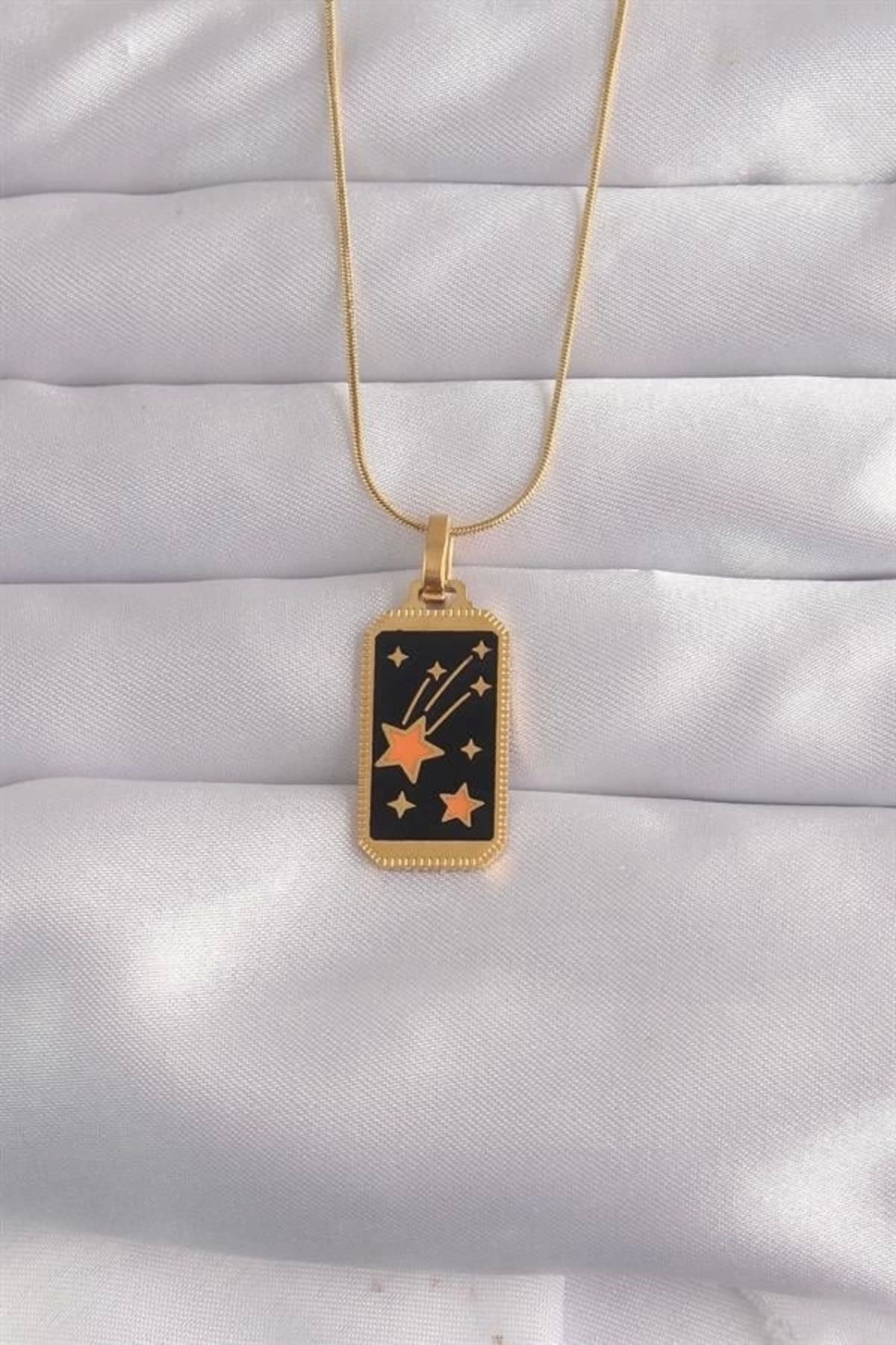 Lale Moda 316L Çelik Gold Renk Siyah Mineli Yıldız Figür Tarot Kolye