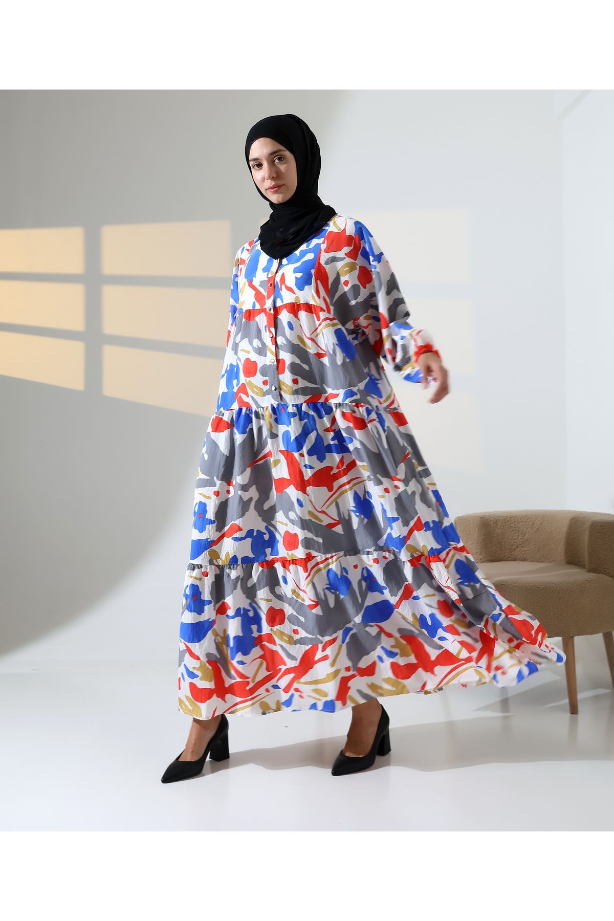 Mihran Butik Kadın 100% Pamuk Viskon Desenli Mavi Tesettür Elbise