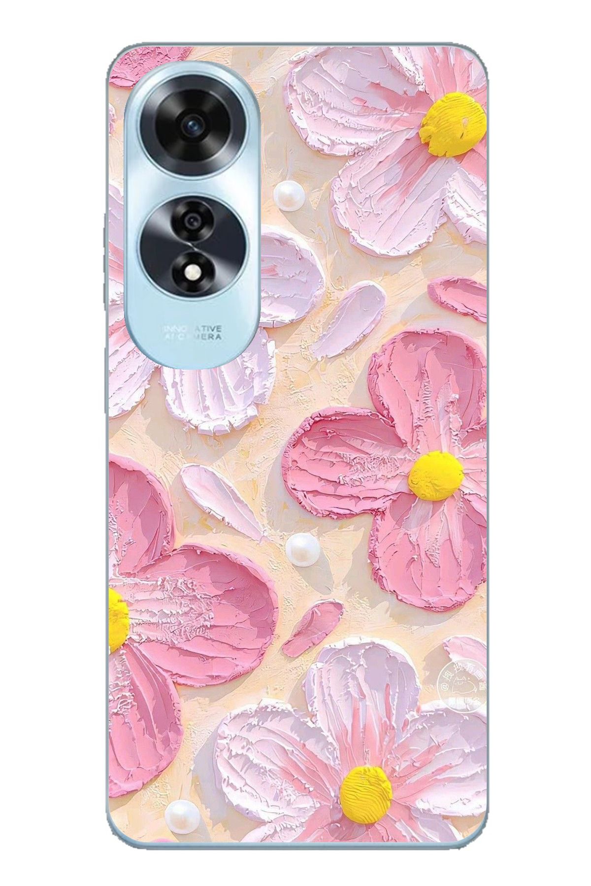 TechTree OPPO A60 Uyumlu Pembe Beyaz Çiçekler Sulu Boya Şeffaf Silikon Kılıf