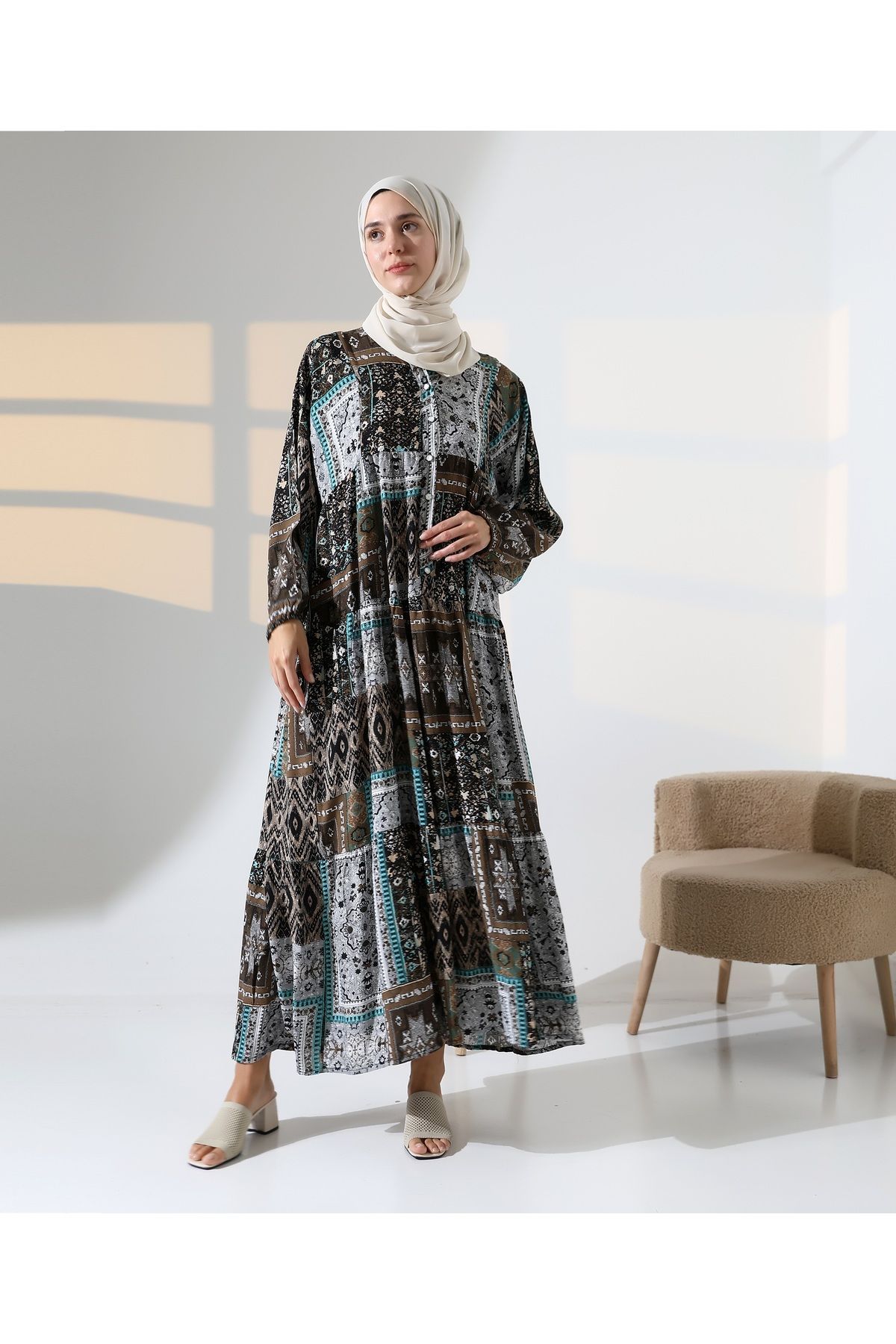 Mihran Butik Kadın 100% Pamuk Viskon Desenli Kahverengi Tesettür Elbise