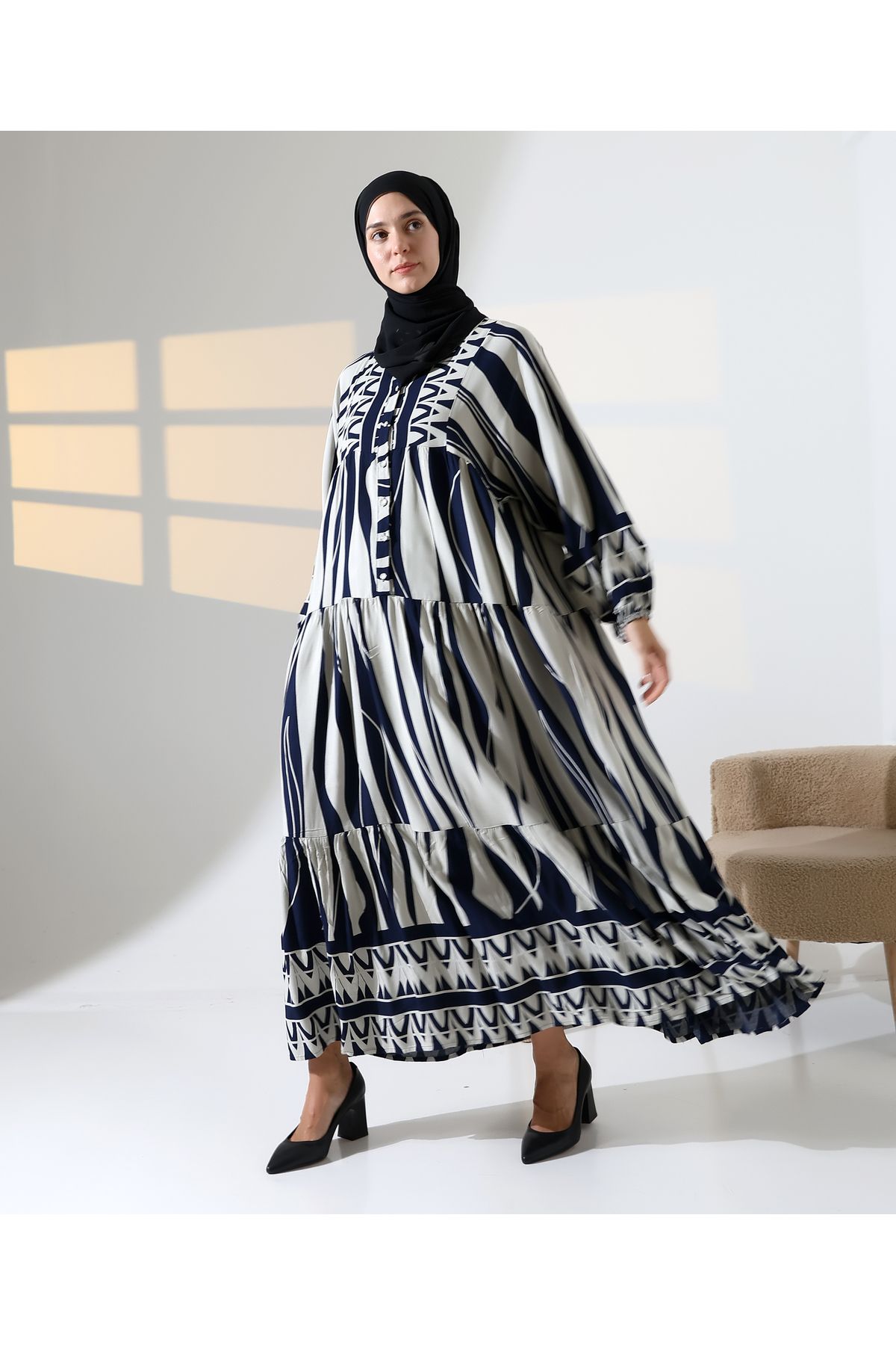 Mihran Butik Kadın 100% Pamuk Viskon Desenli Lacivert Tesettür Elbise