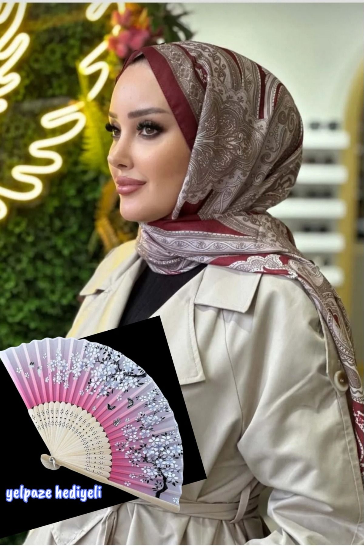 İpekseli Bordo Etnik Desen Soft tesettür şal eşarp - yelpaze hediyeli