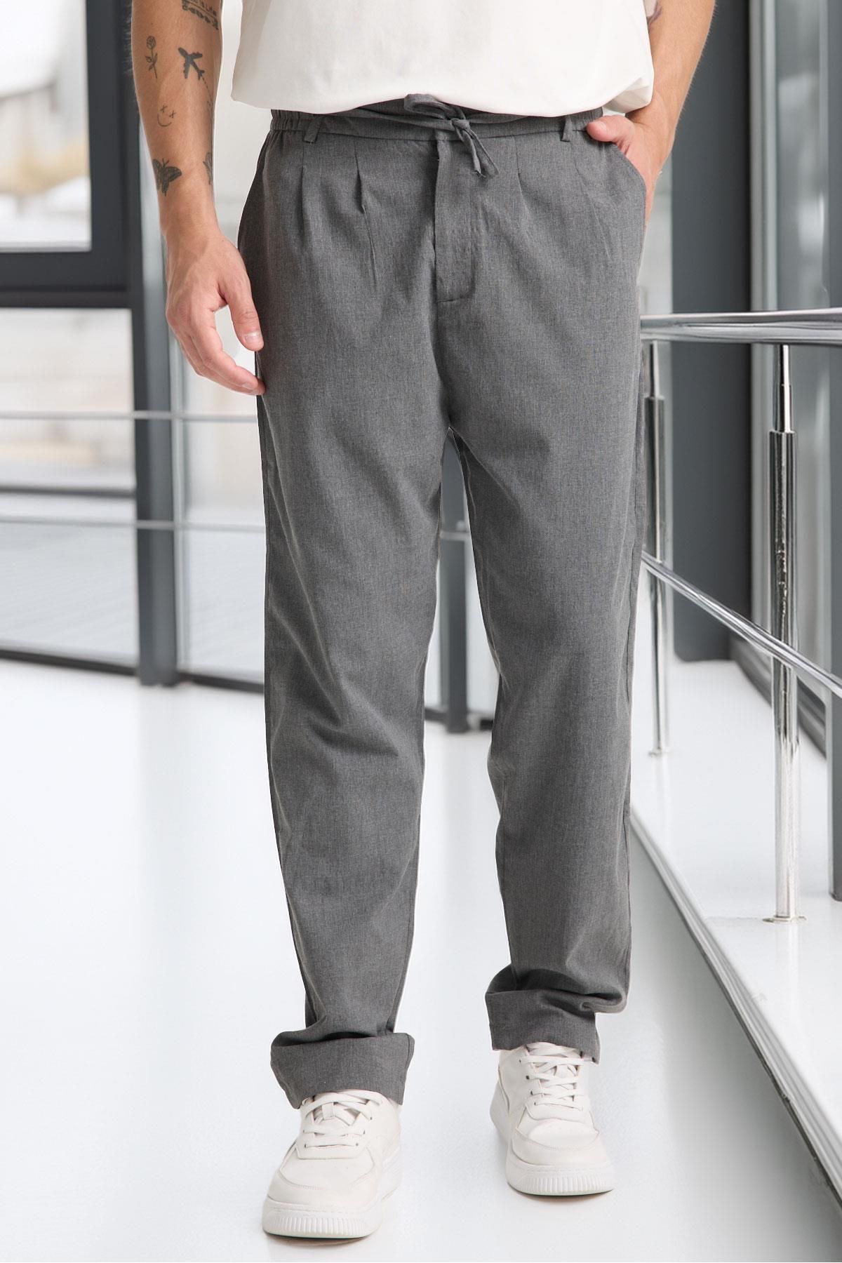 Valiberta Önü Çift Pileli Fermuarlı Beli Lastikli Jogger Erkek Pantolon - Füme