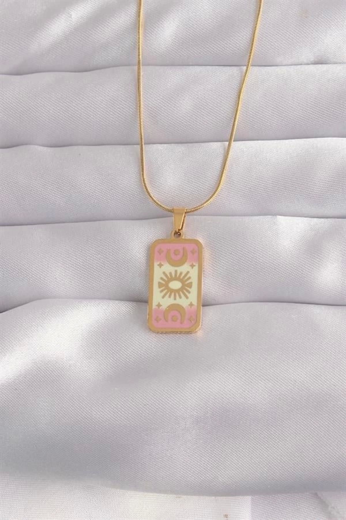 Lale Moda 316L Çelik Gold Renk Karışık Mineli Ay Figür Tarot Kolye