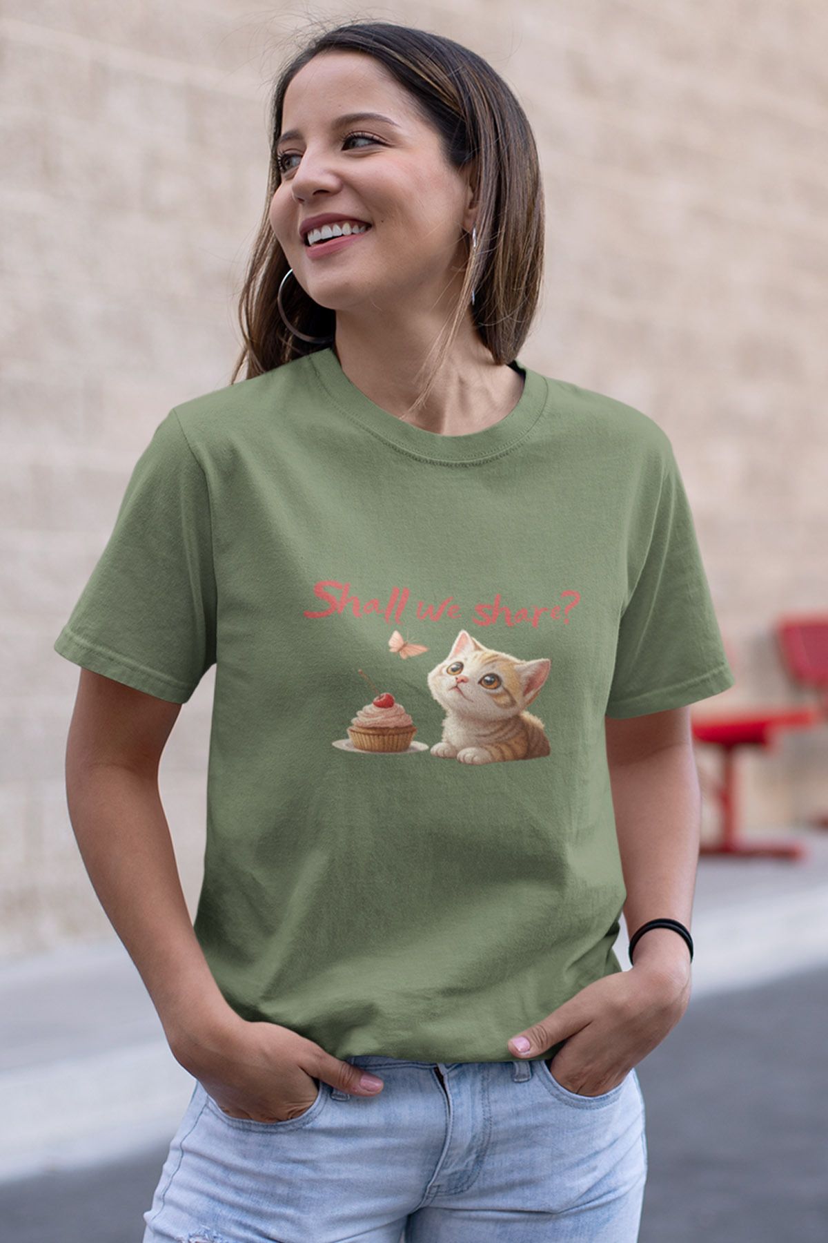 qoeuyl boutique Shall We Share Sevimli Kedi Baskılı Unısex %100 Pamuklu T-Shirt