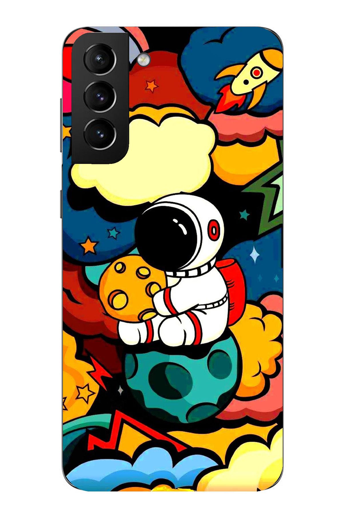 TechTree Samsung Galaxy S21 PLUS Uyumlu Renkli Astronot Tasarımlı Şeffaf Silikon Kılıf