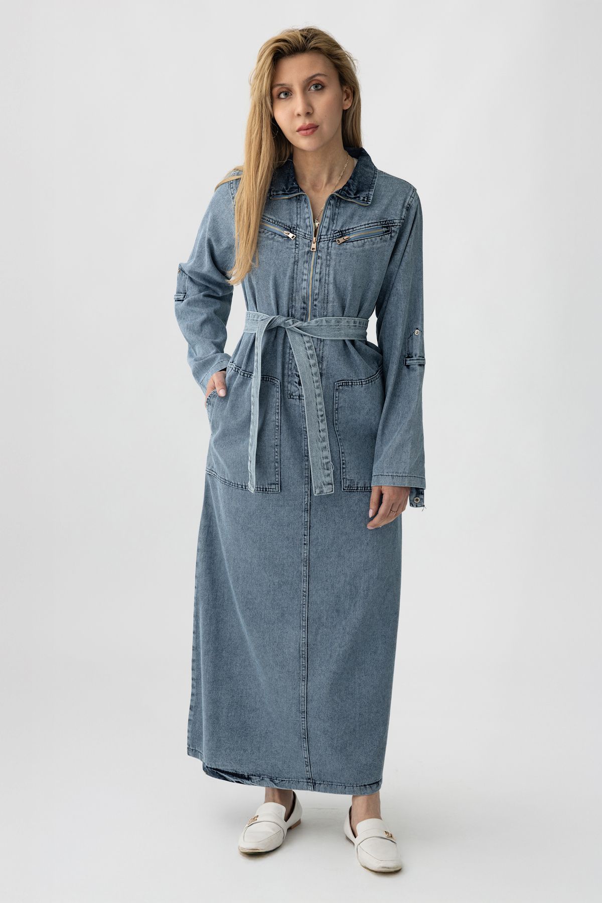 Suede Style 5363 - Kemerli, Cepli, Fermuar Detaylı Denim Rahat, Şık, Günlük Kadın Boydan Elbise