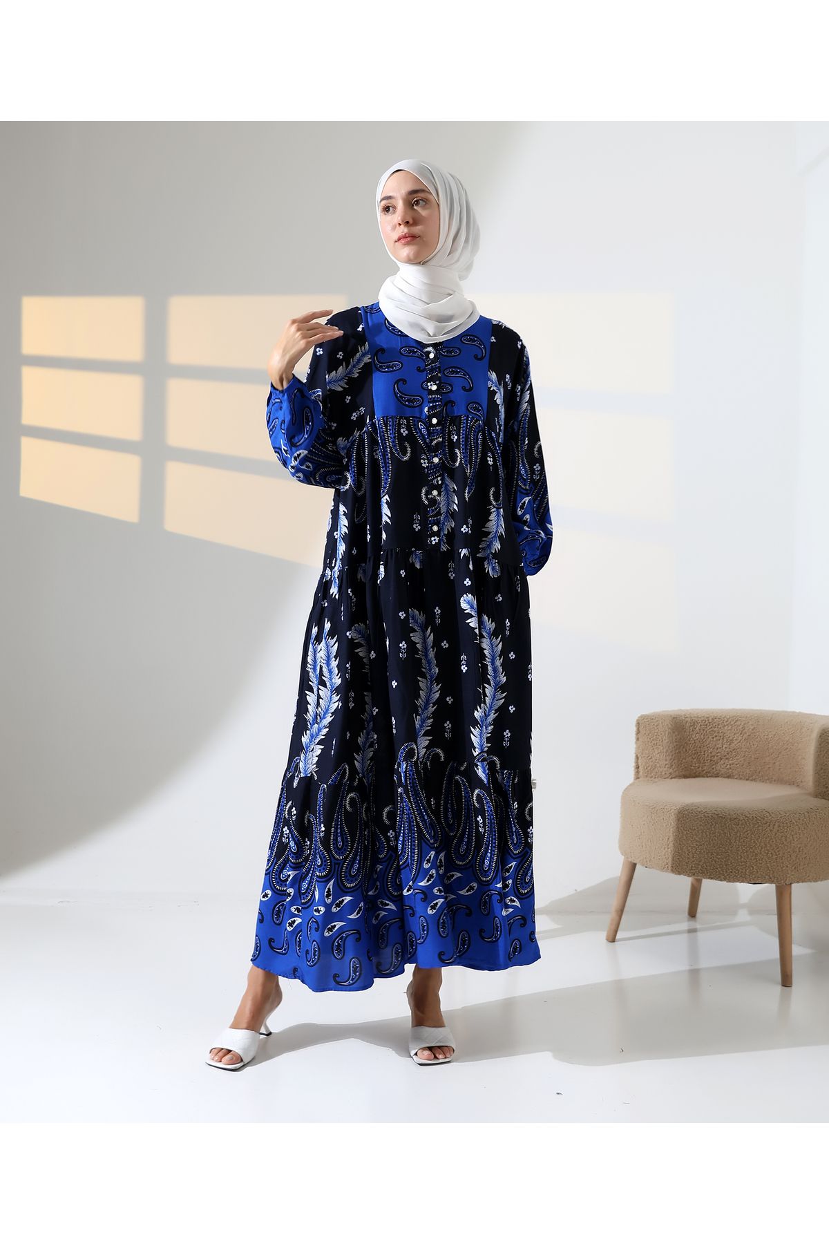Mihran Butik Kadın 100% Pamuk Viskon Desenli Lacivert Tesettür Elbise