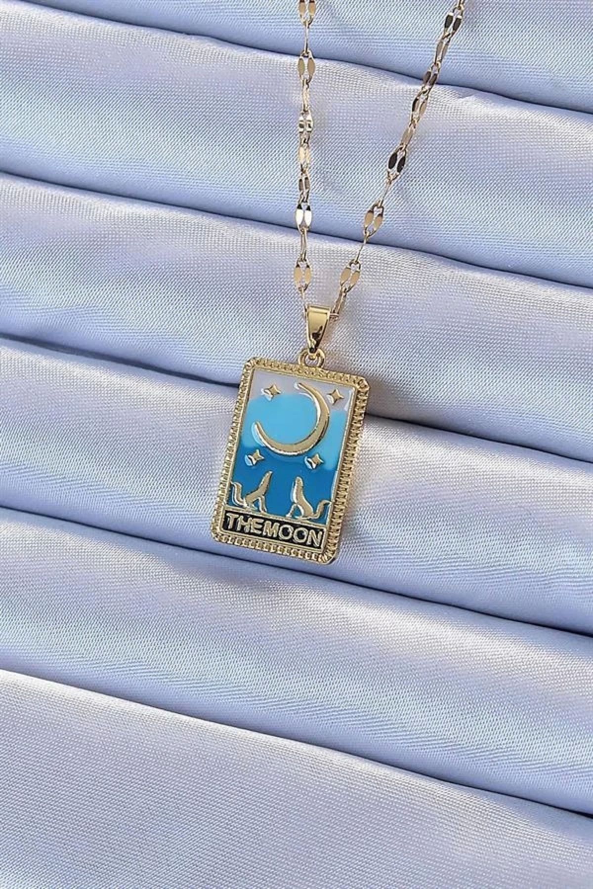 Lale Moda 316L Çelik Zincir Altın Renk Mavi Mineli Ay Figür Tarot Kolye