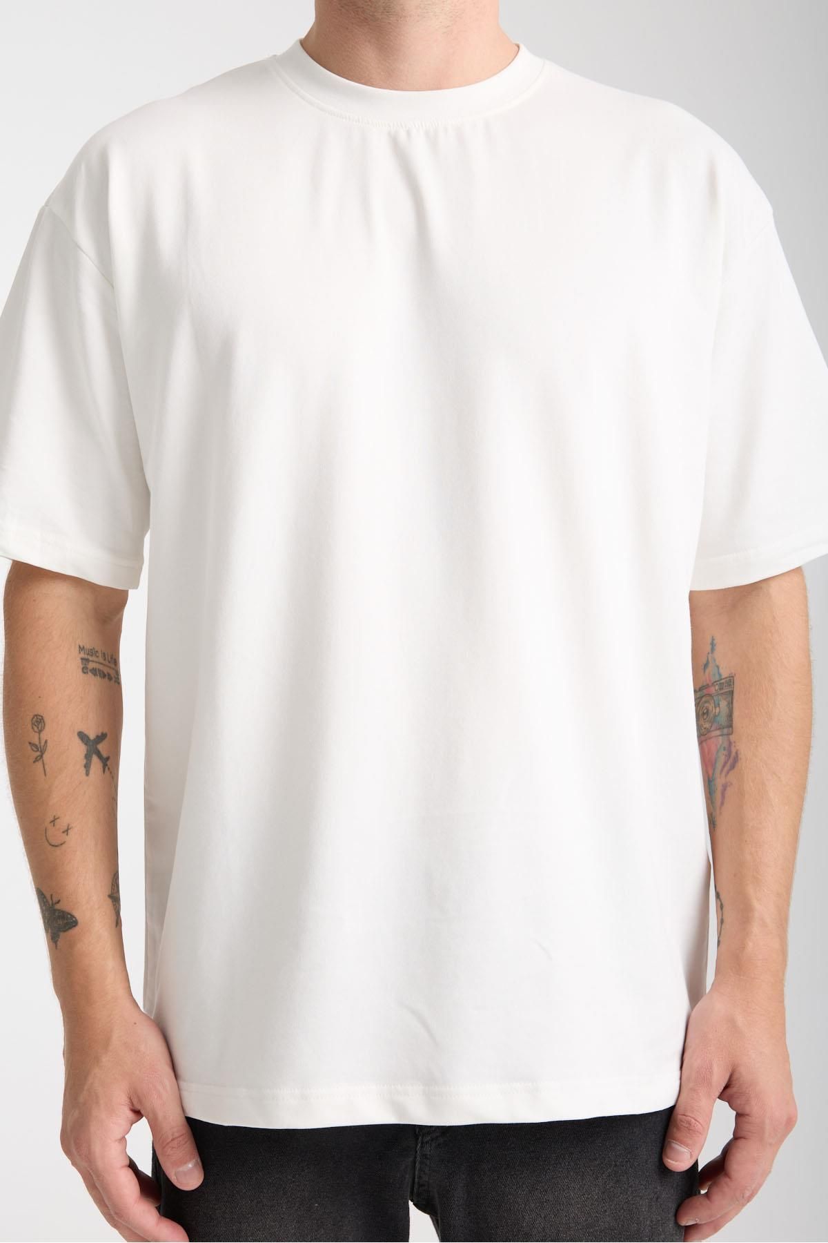 Valiberta-Two Thread Fabric Cotton Crew Neck Basic Oversize Men's T-Shirt - Ecru 2