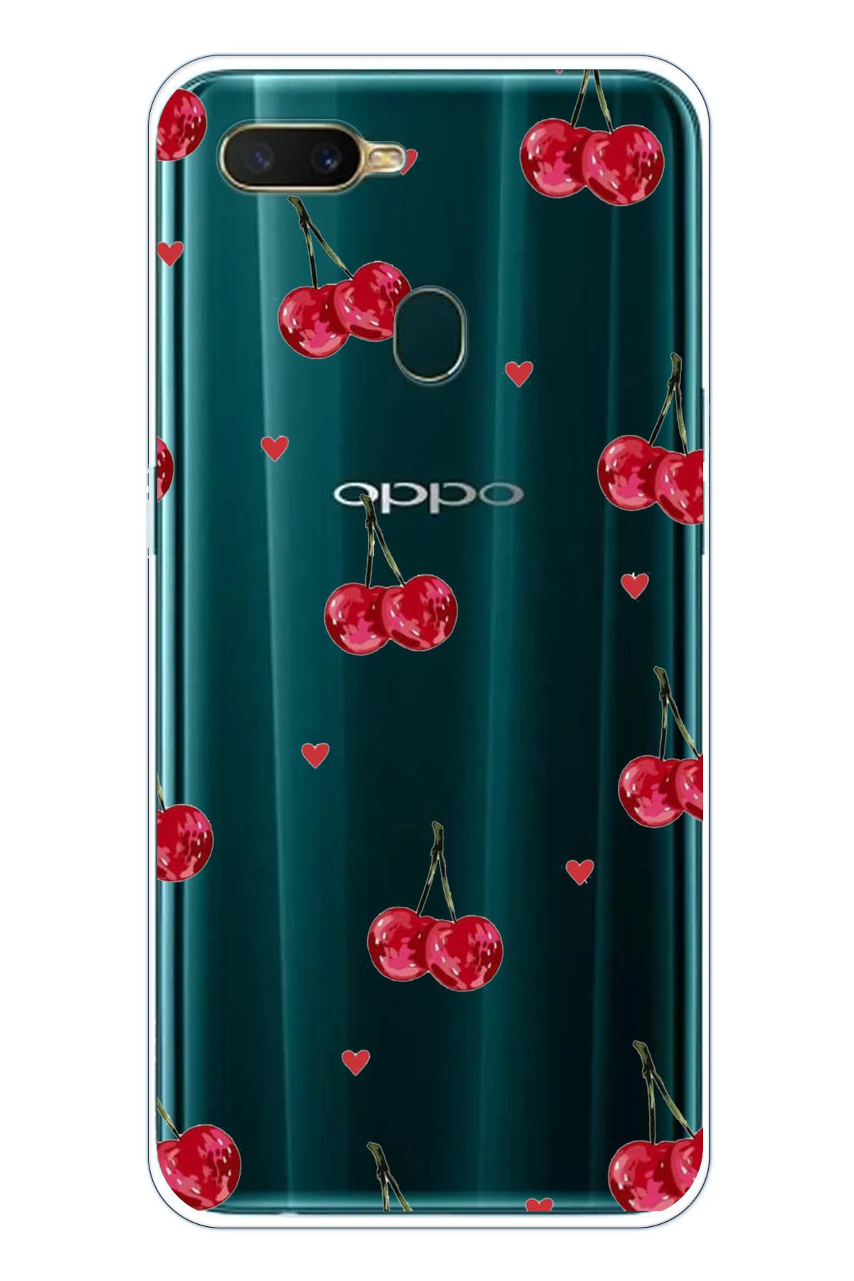 TechTree Oppo A5S- AX7 - A12 Uyumlu Kirazlar ve Kalpler Tasarımlı Şeffaf Silikon Kılıf