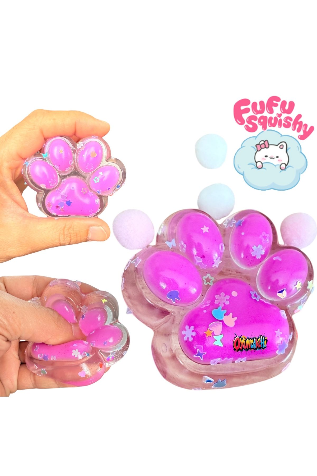 tmtoysandmore Fu Fu Squishy Kedi Patisi Taba Sukuşi Pullu Stres Sıkma Oyuncak Pati (Şeffaf-Pembe)