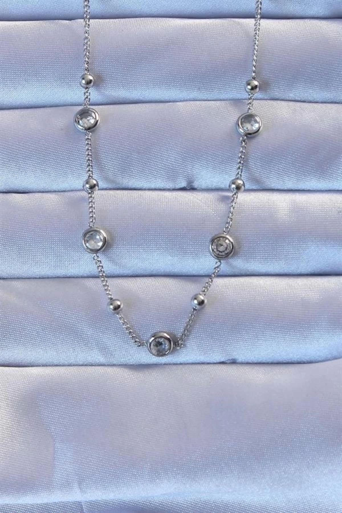 Lale Moda 316L Çelik Gümüş Renk Zirkon Taşlı Top Zincirli Kolye