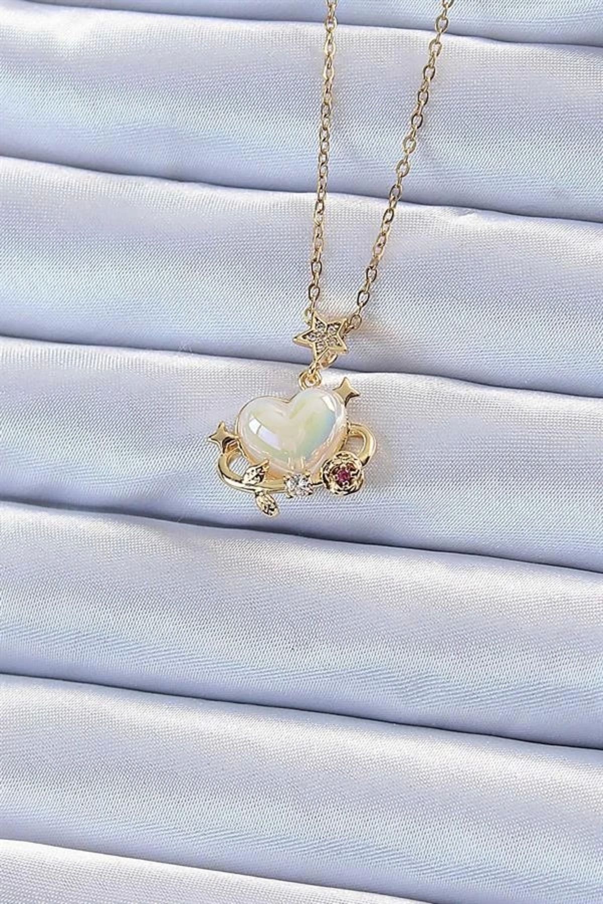 Lale Moda 316L Çelik Zincir Altın Renk Zirkon Taşlı Gezegen Görünümlü Kalp Kolye