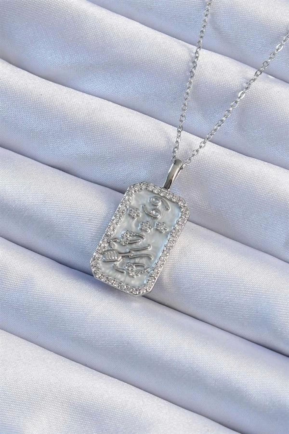 Lale Moda 316L Çelik Zincir Gümüş Renk Zirkon Taşlı Çerçeveli Tarot Kolye