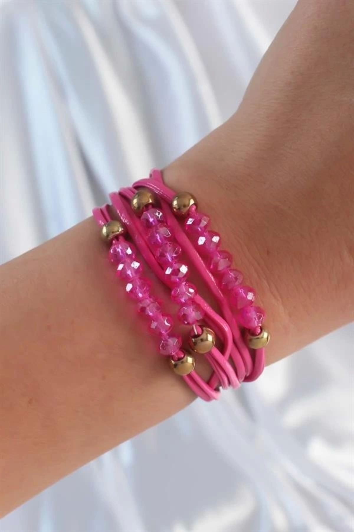Lale Moda Pembe Renk Zirkon Taşlı İpli Çoklu Bileklik