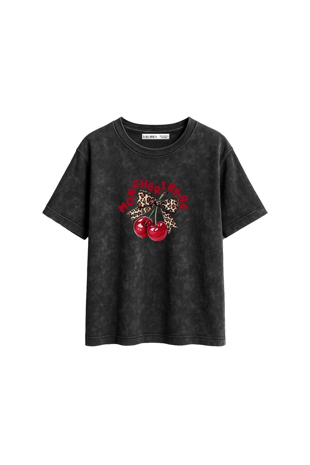 Bak Moda Mon Cherie Baskılı Relaxed Fit Yıkamalı Siyah Kadın Tshirt