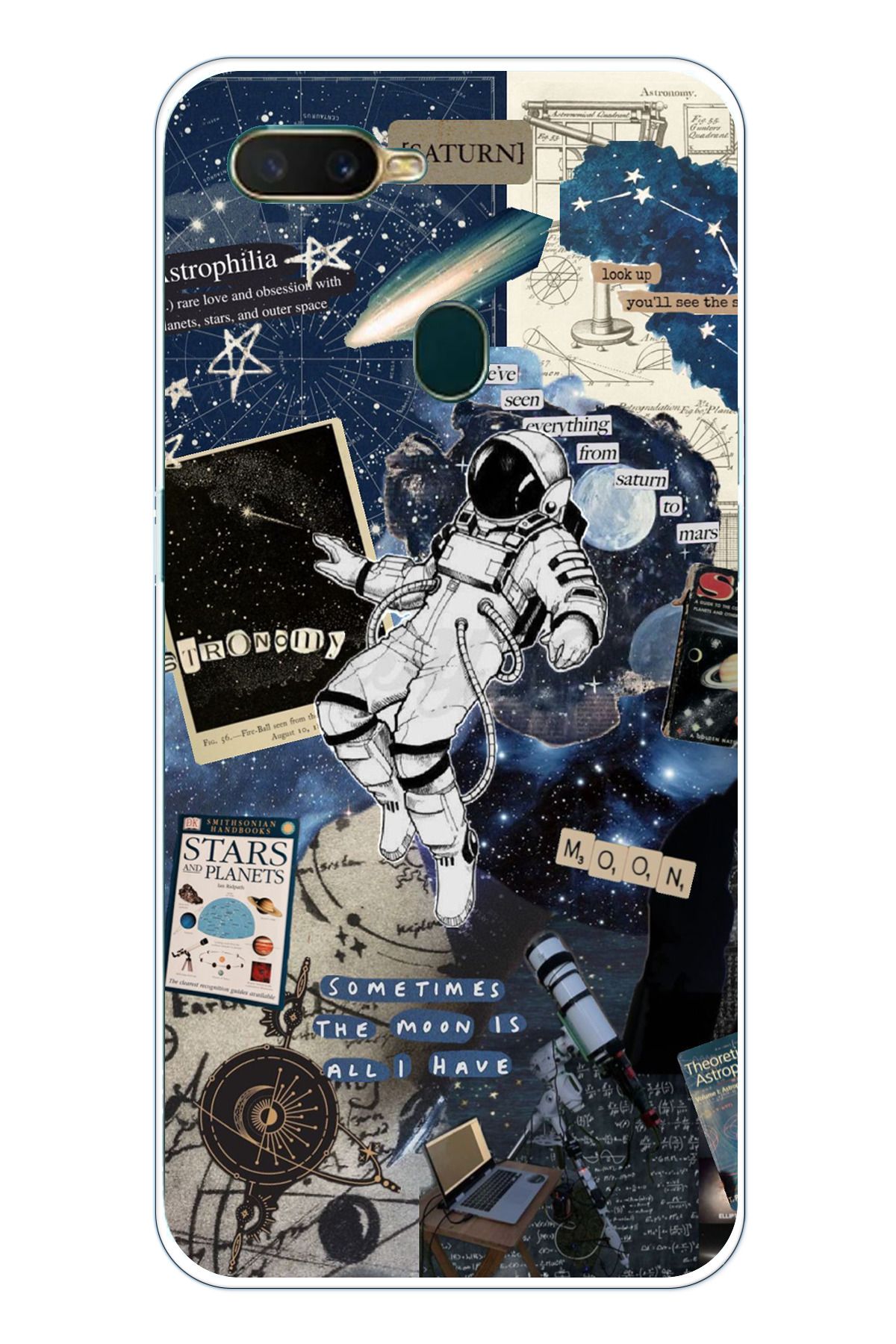 TechTree Oppo A5S- AX7 - A12 Uyumlu Retro Astronot Tasarımlı Şeffaf Silikon Kılıf