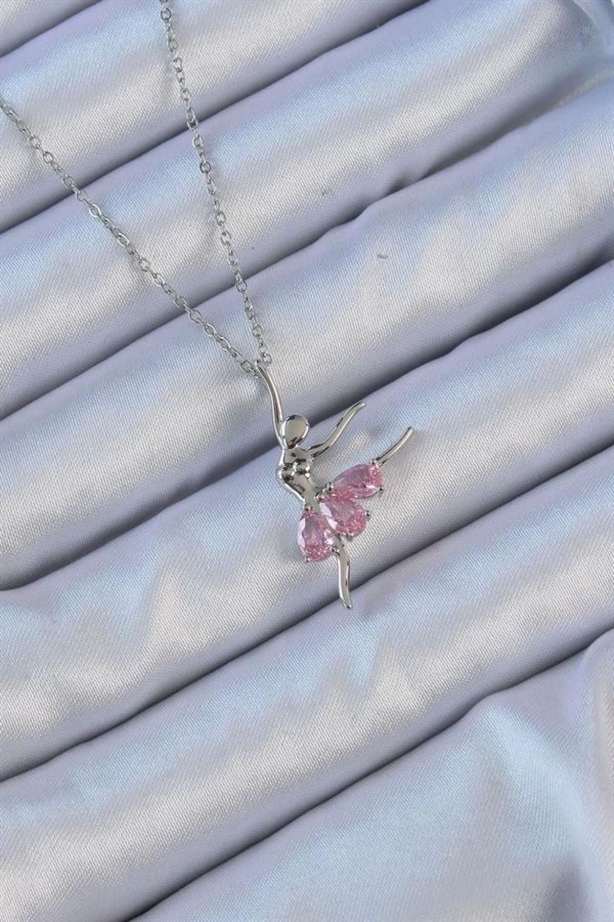 Lale Moda 316L Çelik Zincir Gümüş Renk Pembe Zirkon Taşlı Balerin Kolye