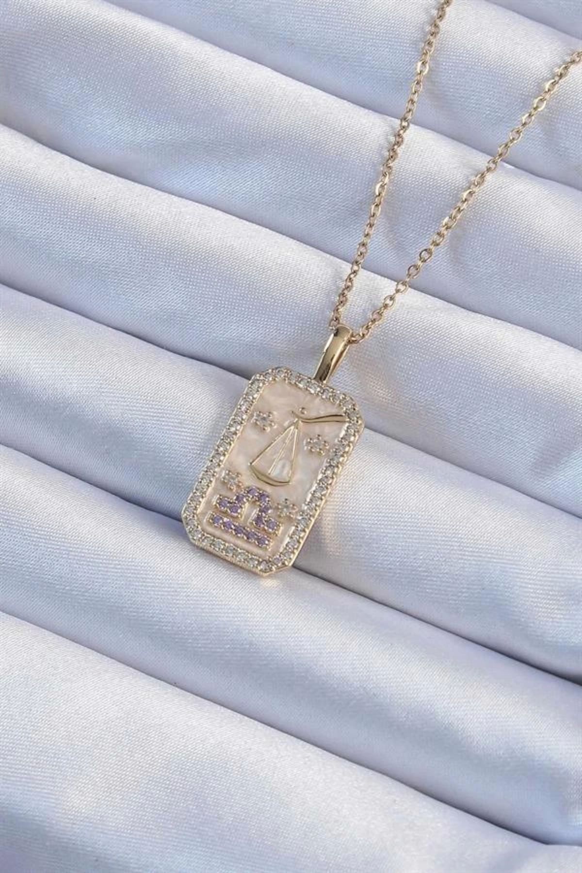 Lale Moda 316L Çelik Zincir Altın Renk Lila Zirkon Taşlı Tarot Kolye