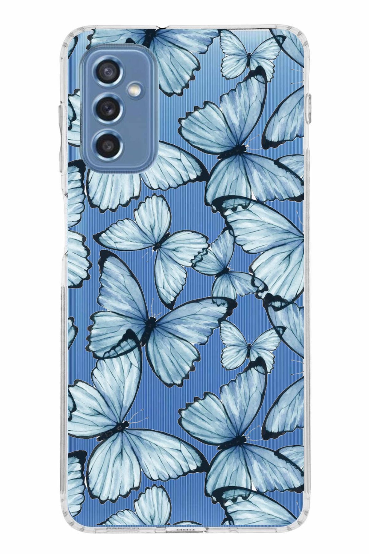 TechTree Samsung Galaxy M52 Uyumlu Mavi Kelebekler Tasarımlı Şeffaf Silikon Kılıf
