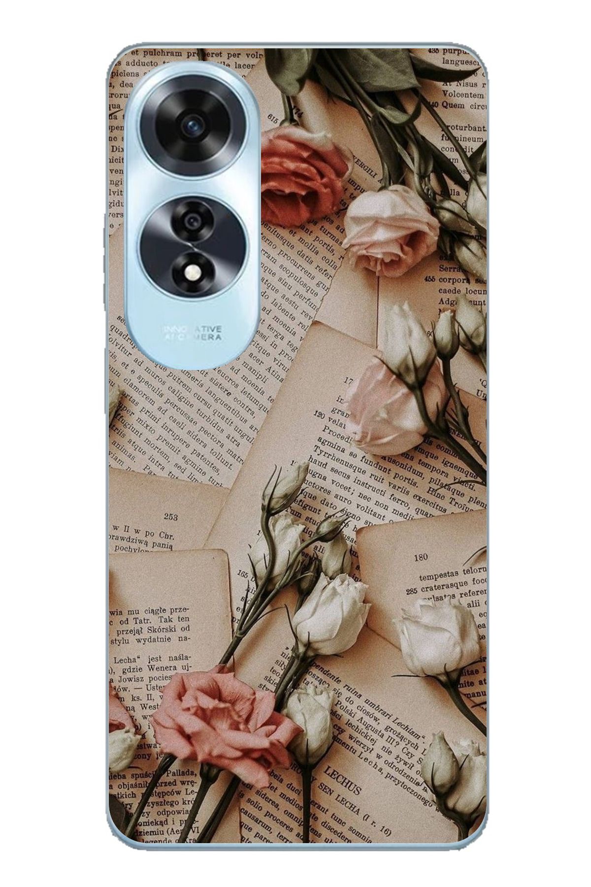 TechTree OPPO A60 Uyumlu Retro Gazete Güller Tasarımlı Şeffaf Silikon Kılıf