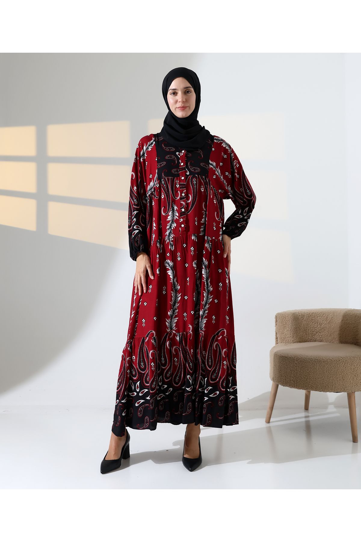 Mihran Butik Kadın 100% Pamuk Viskon Desenli Kırmızı Tesettür Elbise