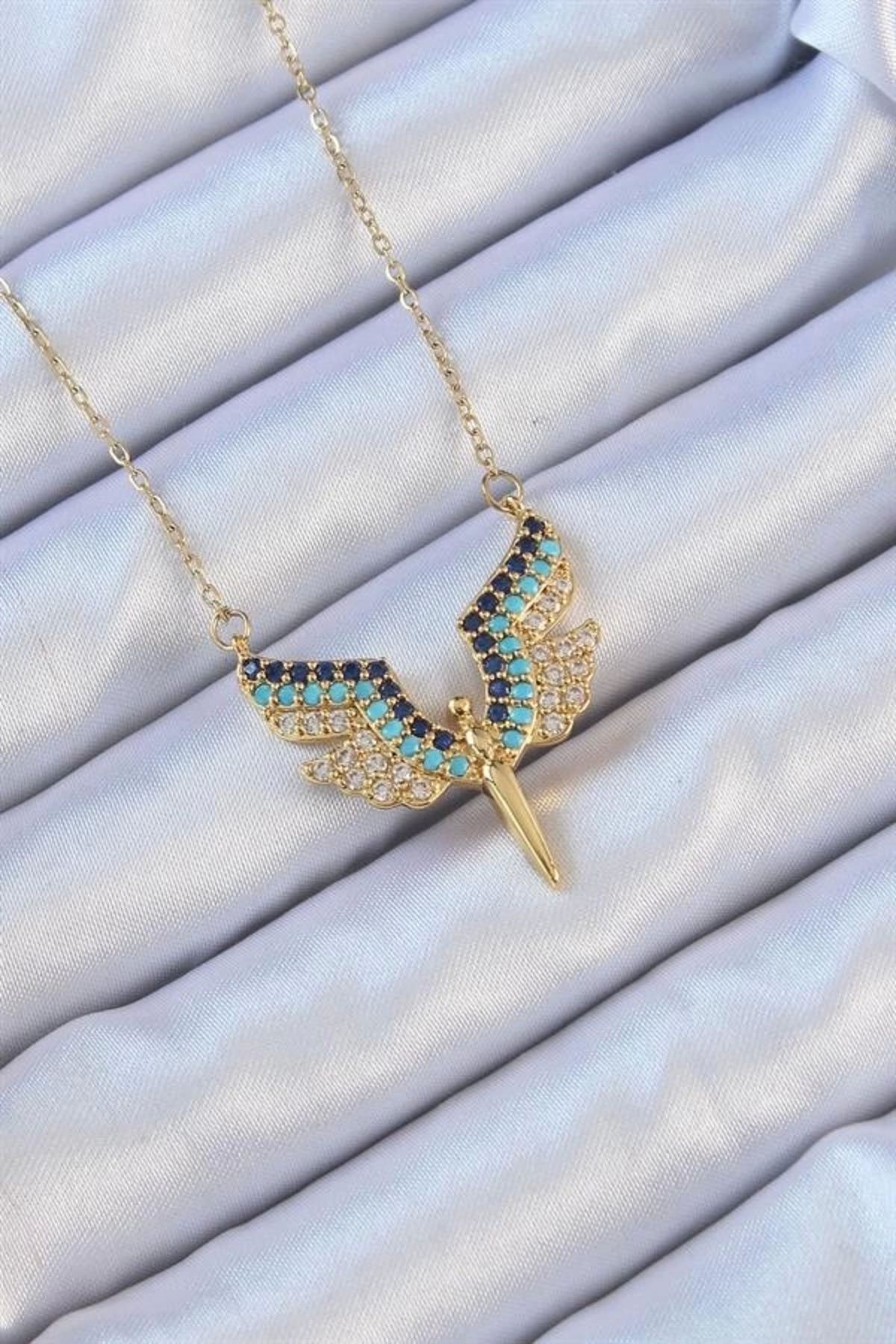 Lale Moda 316L Çelik Zincir Altın Renk Mavi Zirkon Taşlı Mikail Meleği Kolye