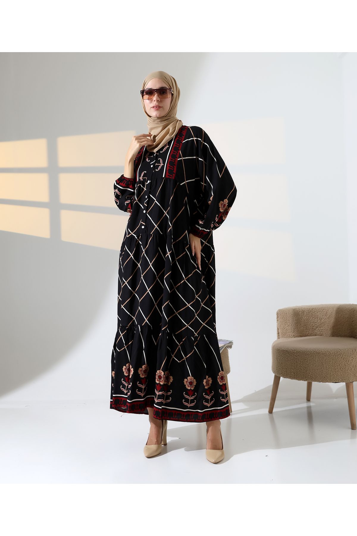 Mihran Butik Kadın 100% Pamuk Viskon Desenli Siyah Tesettür Elbise