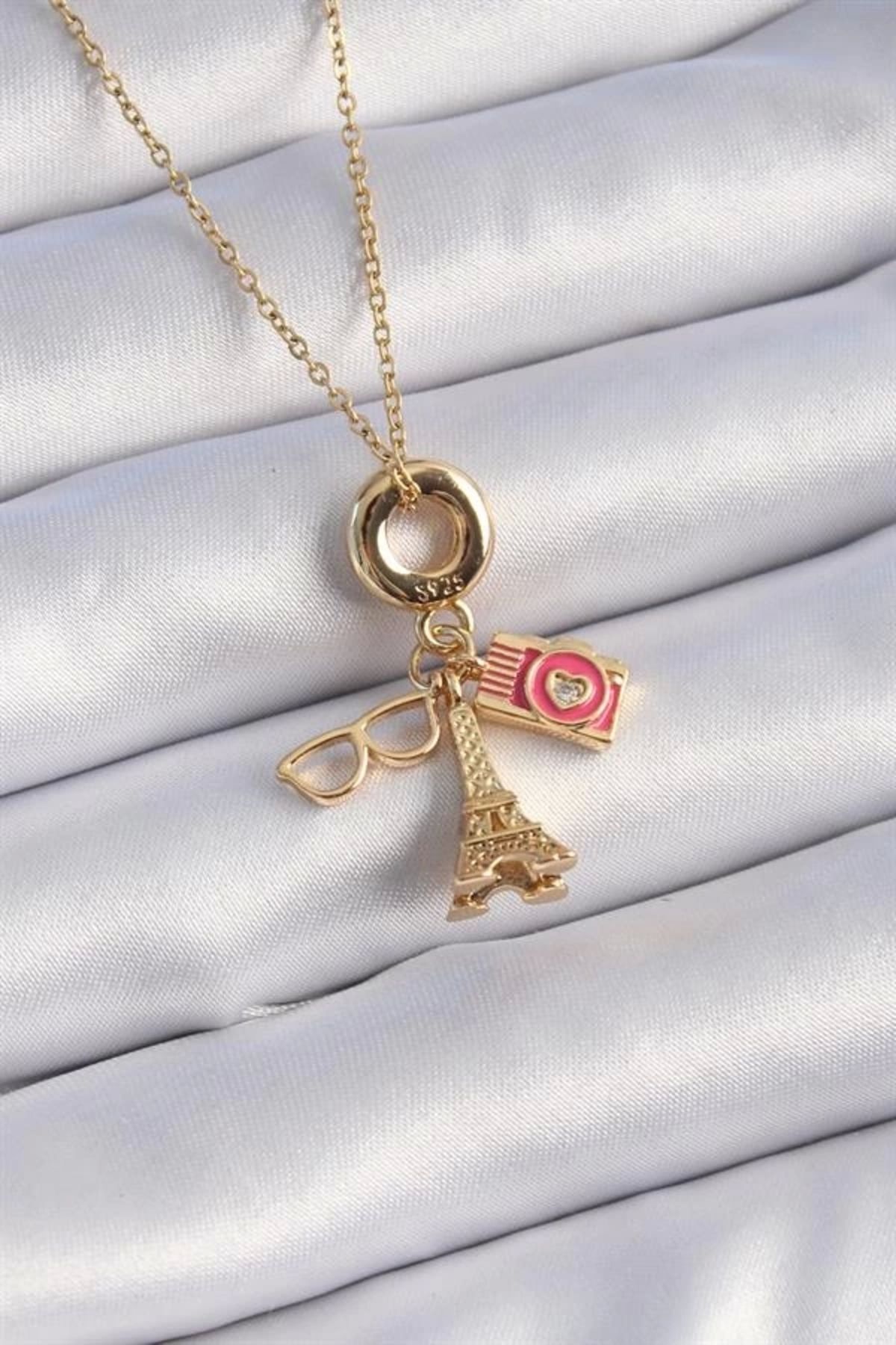 Lale Moda 316L Çelik Gold Renk Eyfel Kulesi Fotoğraf Makinesi Figür Charm Model Kadın Kolye
