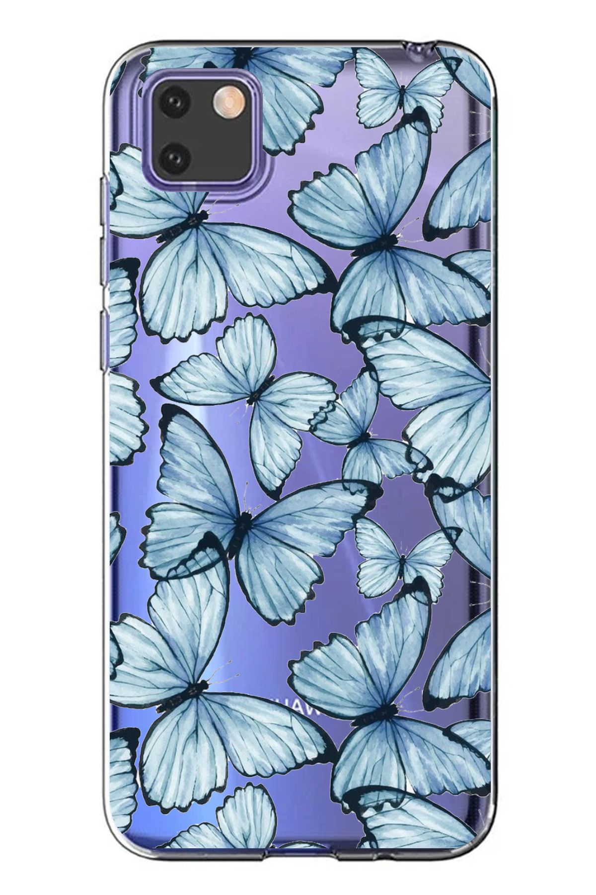 TechTree Huawei Y5P Uyumlu Mavi Kelebekler Tasarımlı Şeffaf Silikon Kılıf