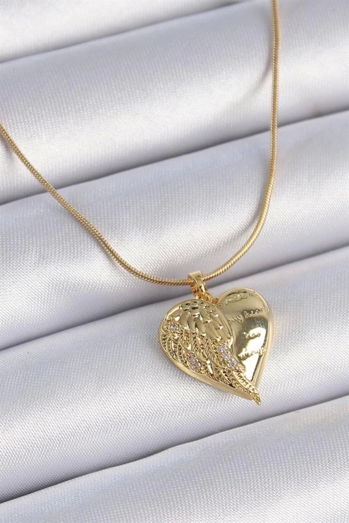 Lale Moda 316L Çelik Zincir Gold Renk Zirkon Taşlı Kalp Kanat İşlemeli Kadın Kolye