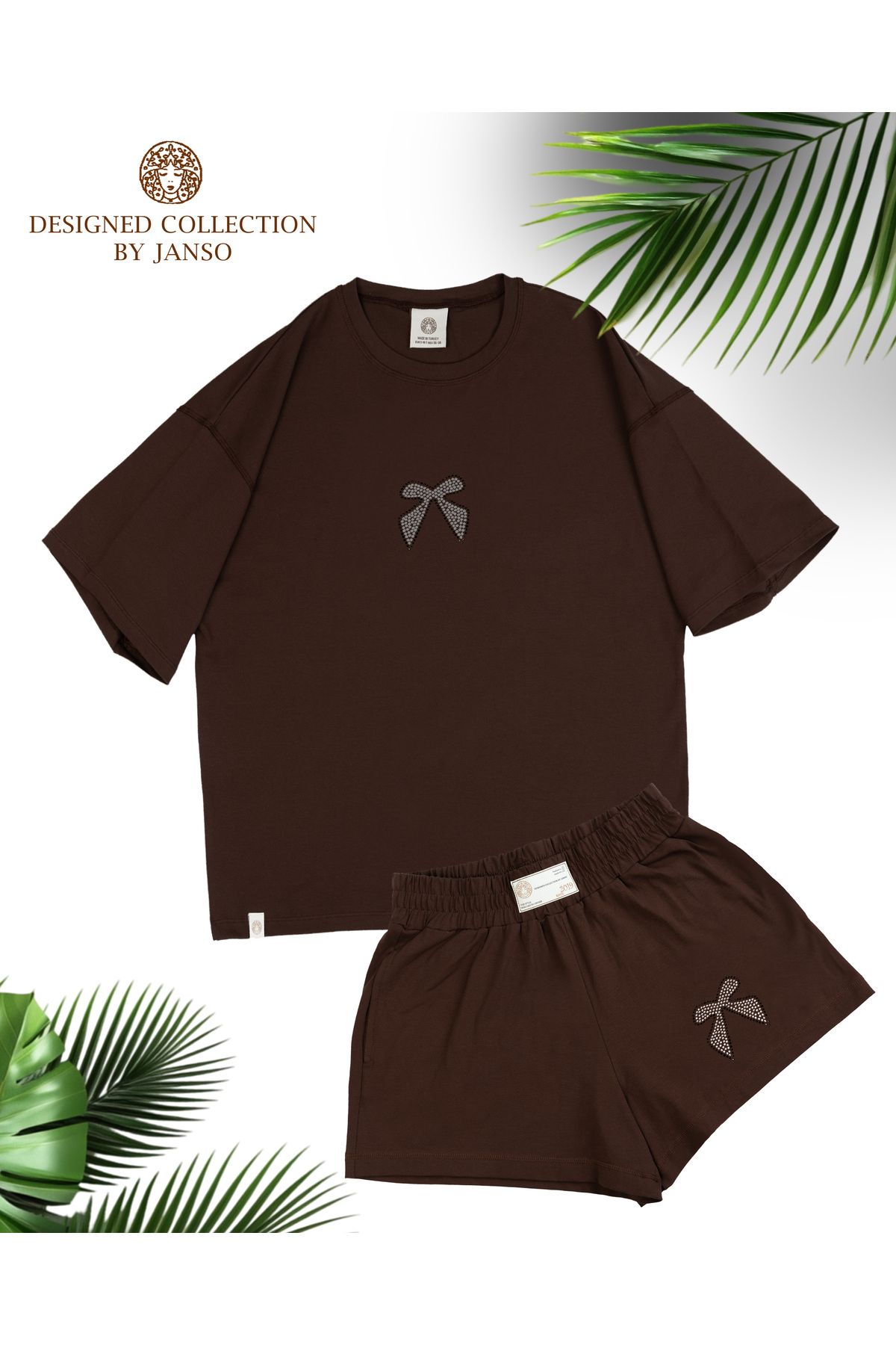 LOU MODA -KADIN FİYONK TAŞ BASKILI TSHIRT-ŞORT TAKIM 2Lİ OVERSİZE