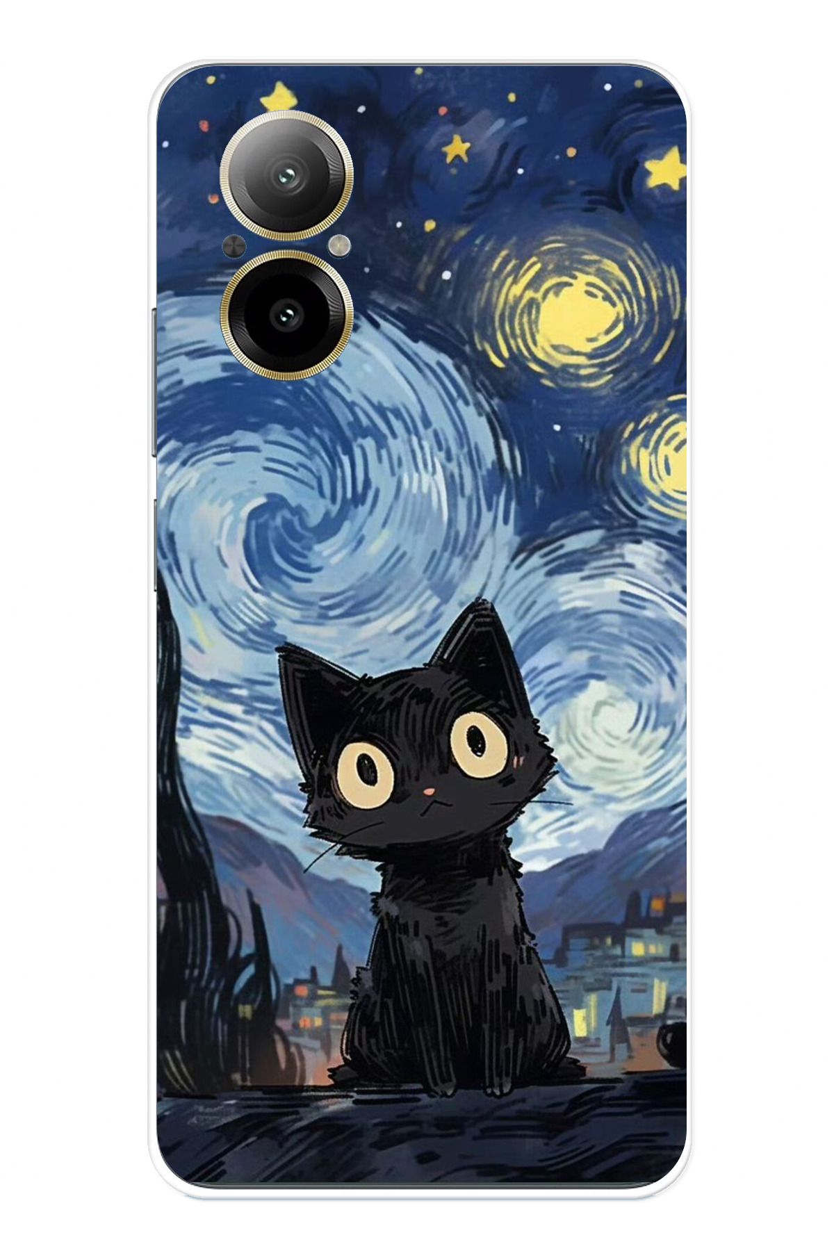 TechTree Realme 12 Lite Uyumlu Gece Yarısı Kedi Tasarımlı Şeffaf Silikon Kılıf