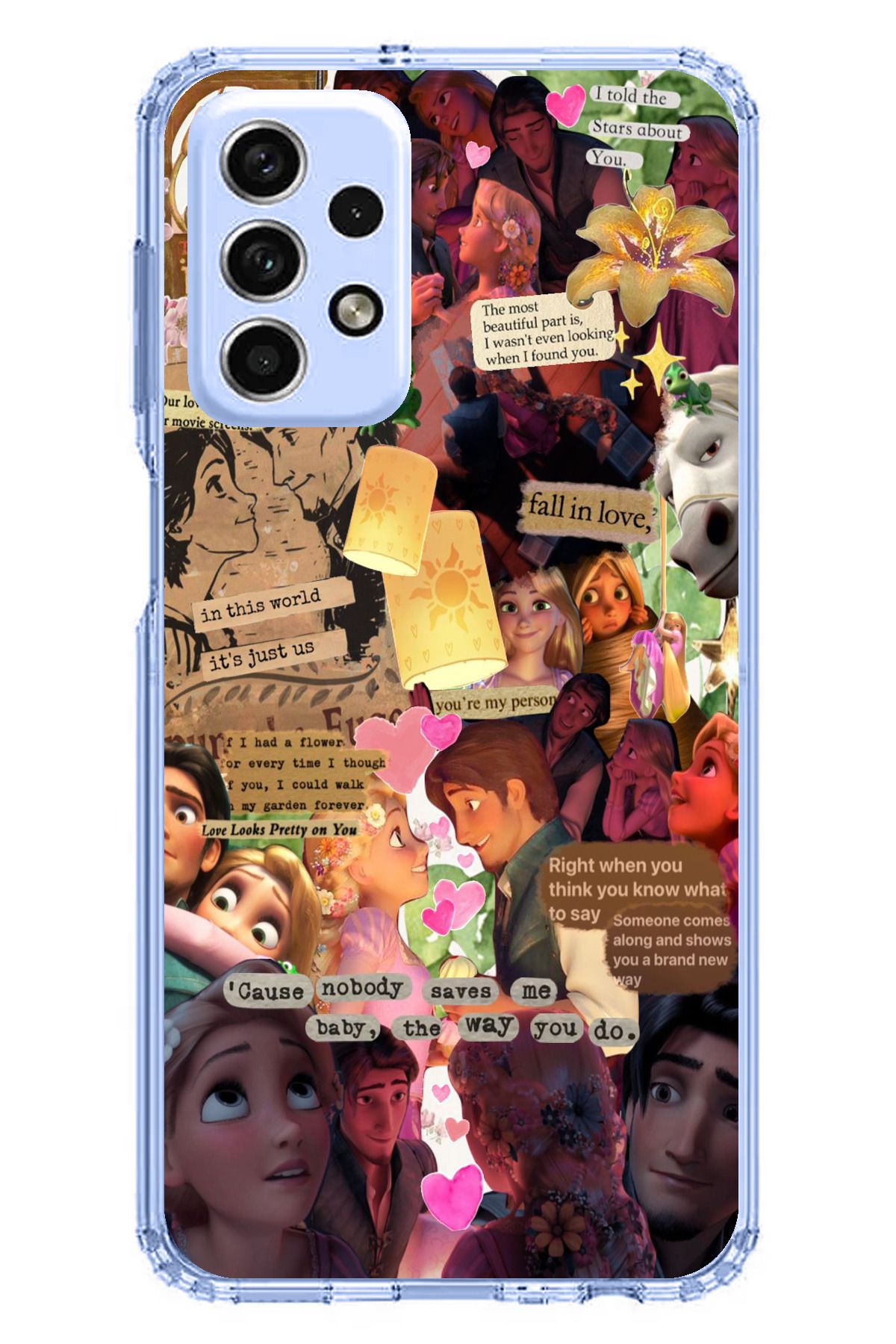 TechTree Samsung Galaxy A33 Uyumlu Rapunzel Tangled Çıkartma Kolaj Tasarımlı Şeffaf Silikon Kılıf