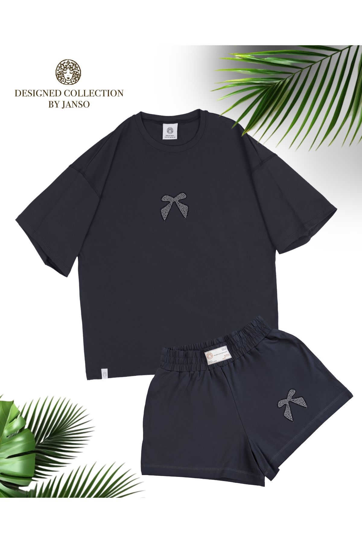 LOU MODA -KADIN FİYONK TAŞ BASKILI TSHIRT-ŞORT TAKIM 2Lİ OVERSİZE
