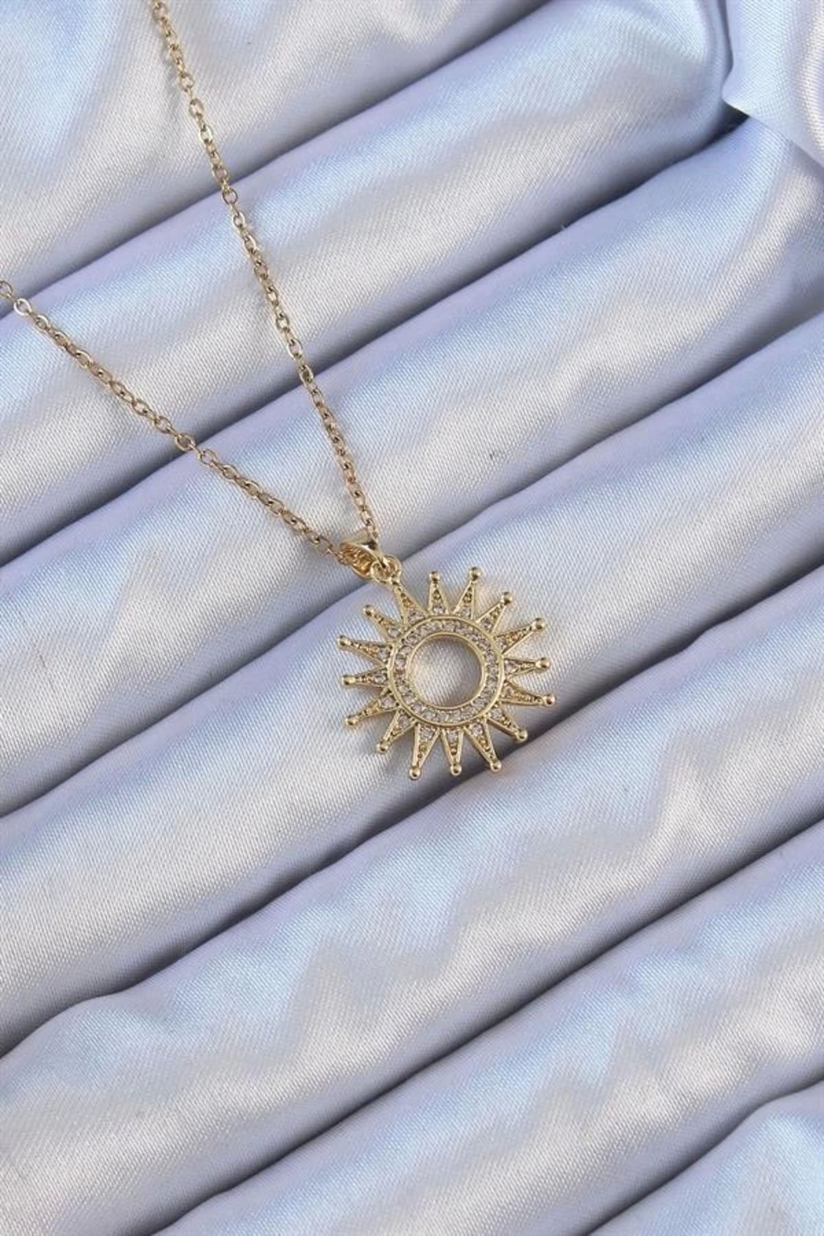 Lale Moda 316L Çelik Zincir Altın Renk Zirkon Taşlı Parlayan Güneş Kolye