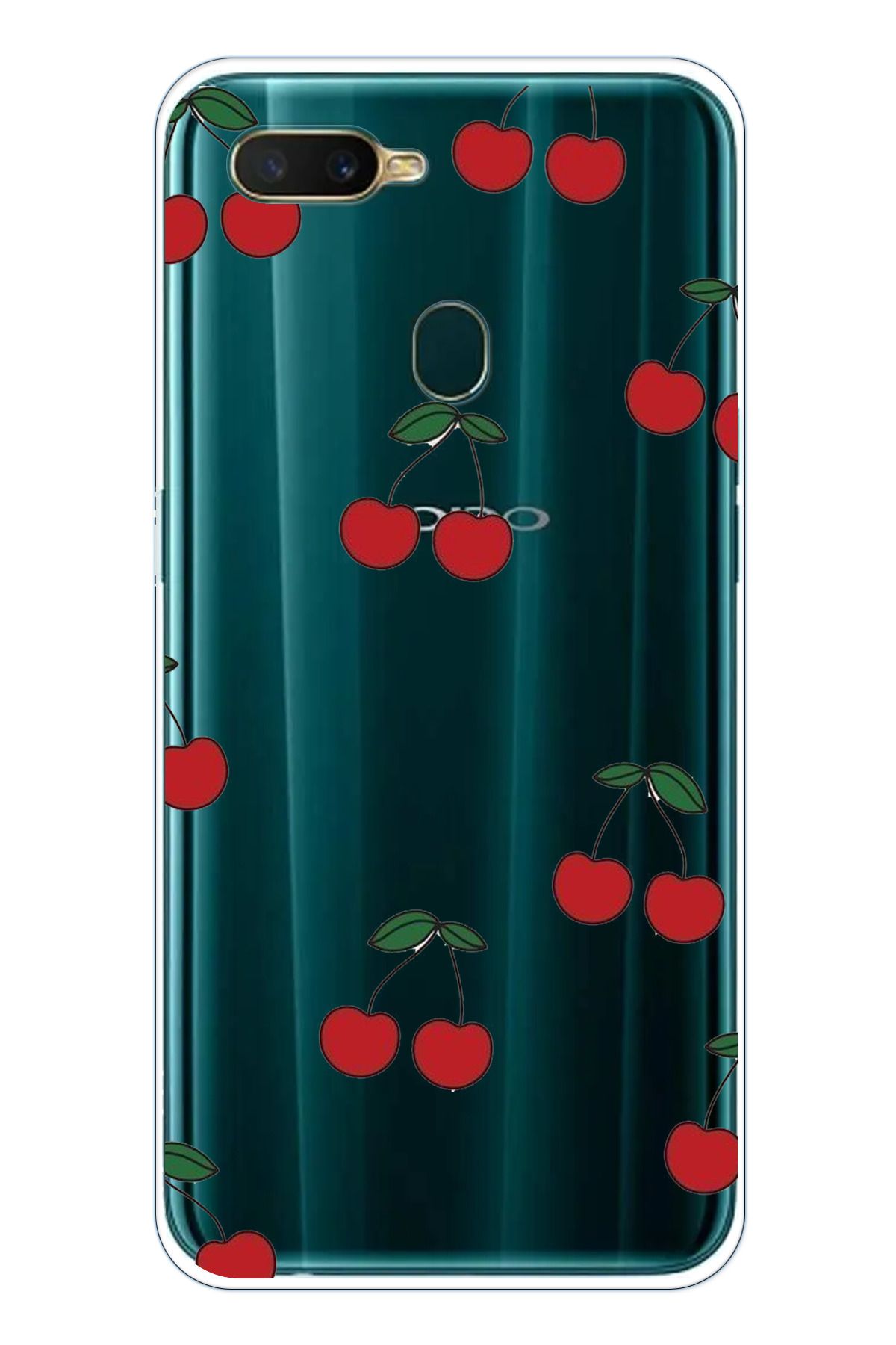 TechTree Oppo A5S- AX7 - A12 Uyumlu Kirazlar Tasarımlı Şeffaf Silikon Kılıf