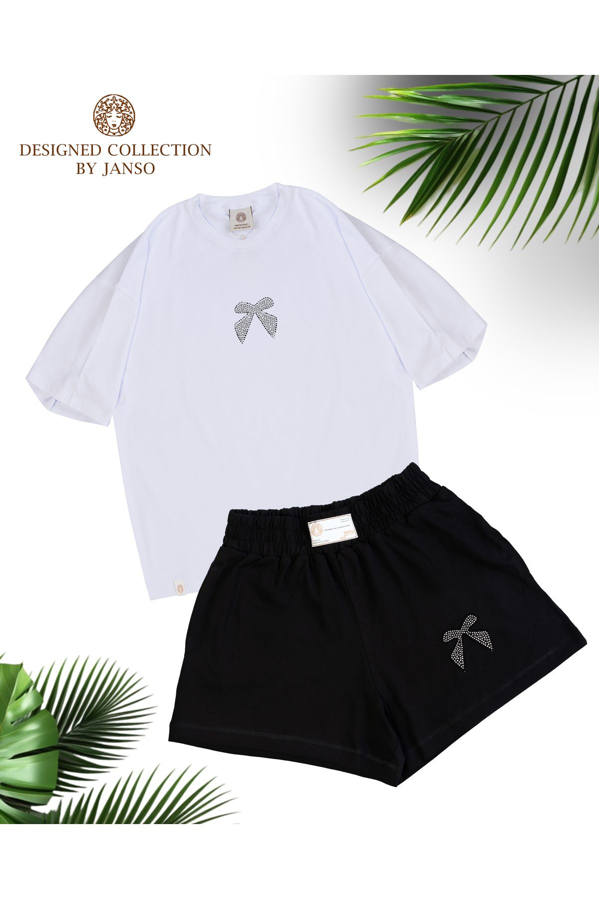 LOU MODA -KADIN FİYONK TAŞ BASKILI TSHIRT-ŞORT TAKIM 2Lİ OVERSİZE
